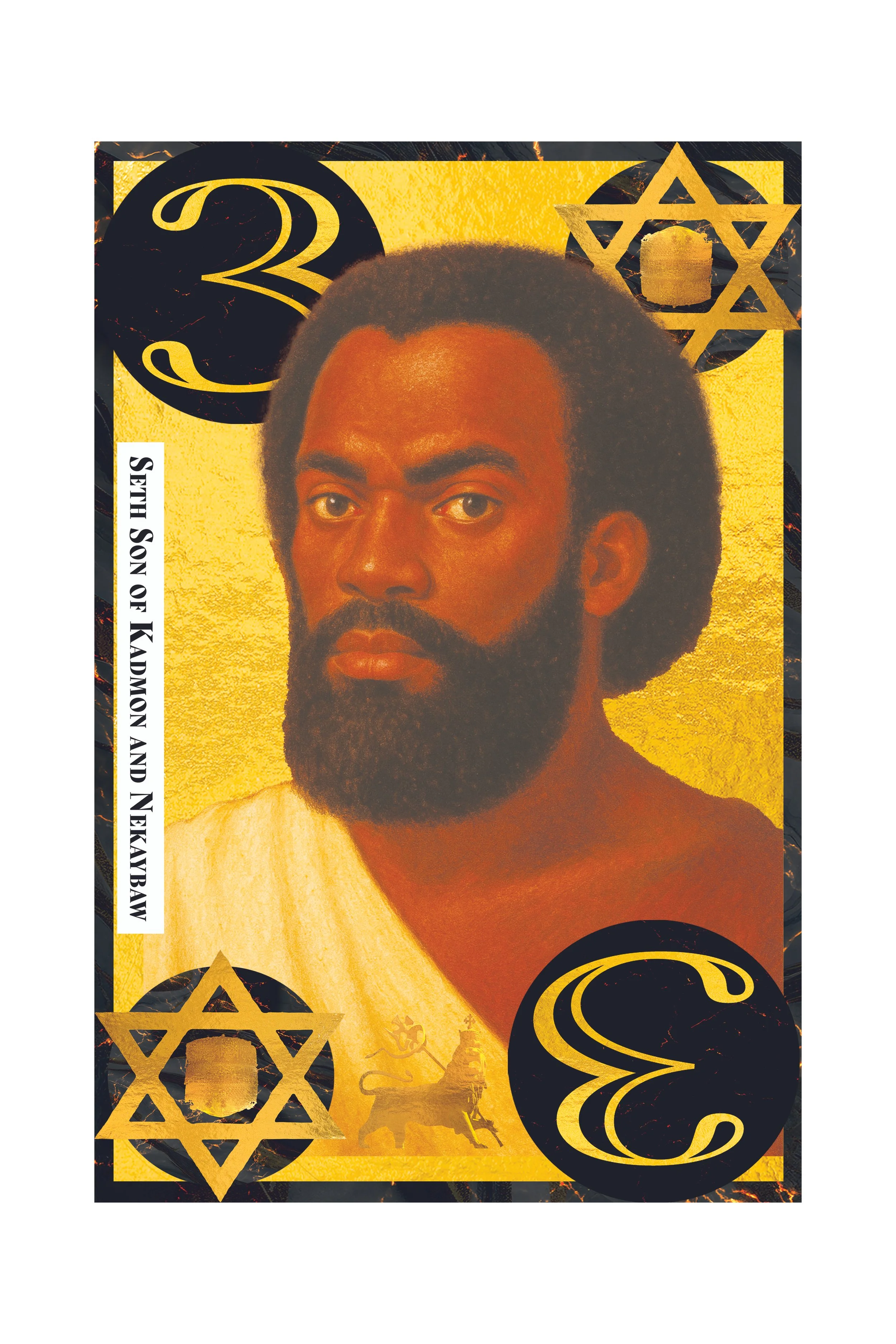 A portrait of a man with a beard and natural hair, set against a yellow background with black and gold decorative elements, including Star of David symbols and a lion silhouette.