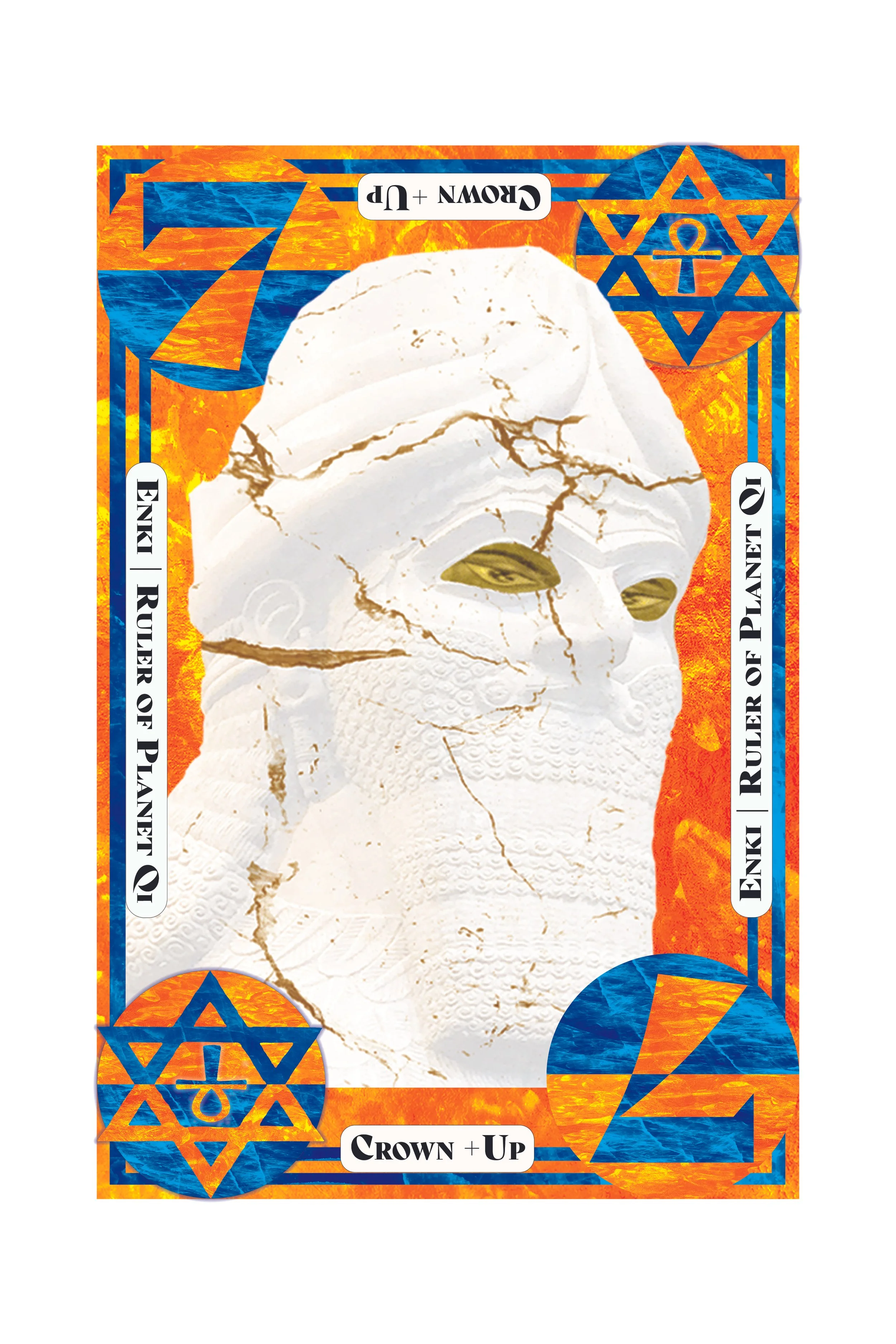 A colorful playing card featuring a white, cracked human skull with gold eyes, surrounded by blue and orange geometric patterns, and labeled as "Crown + Up" with associated symbols and text.