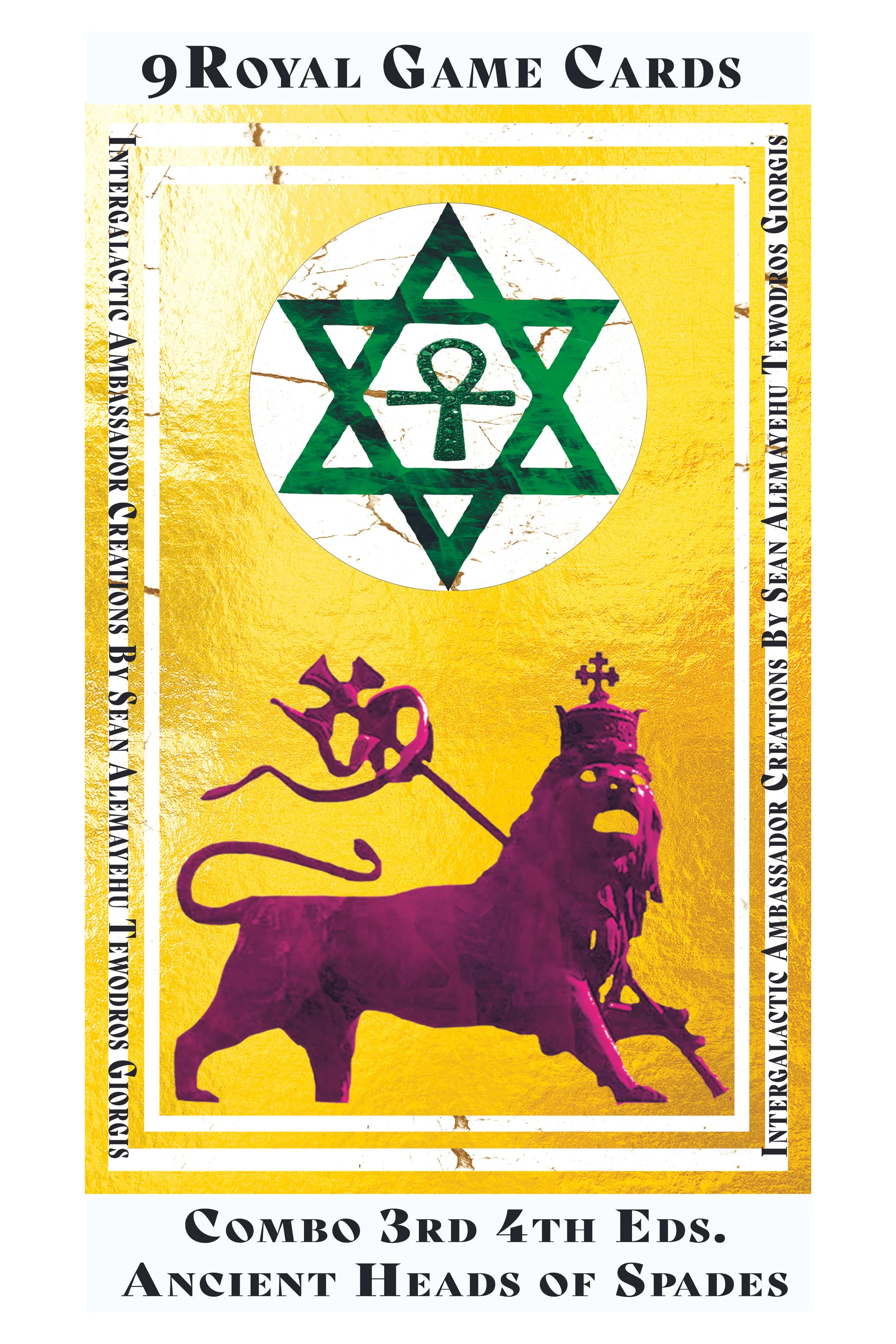 A poster advertising a set of 9 royal game cards featuring ancient heads of spades, with a prominent green Star of David symbol containing a small ankh symbol in the center.