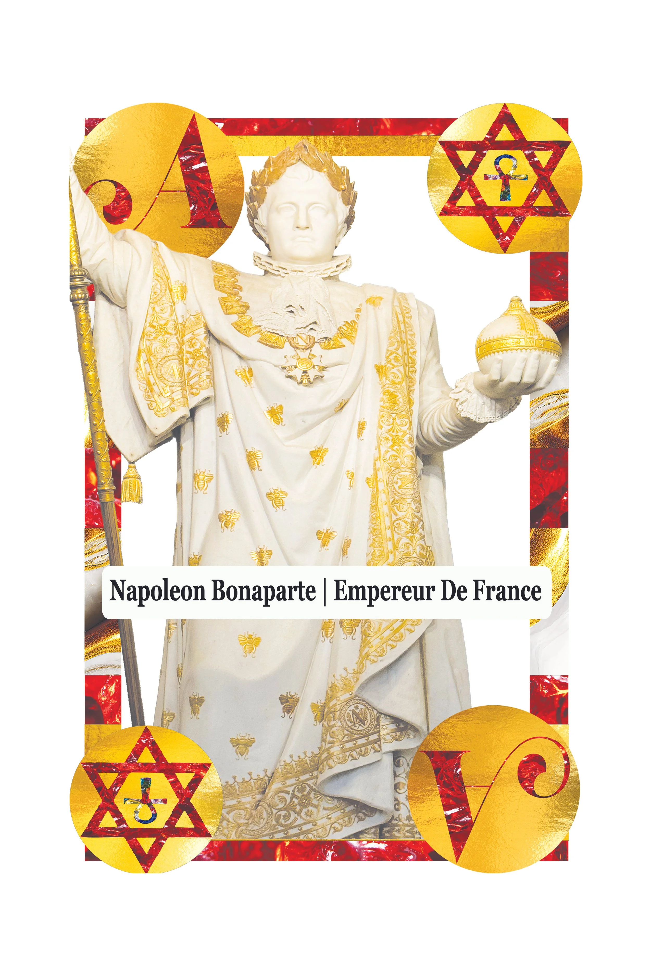 Statue of Napoleon Bonaparte dressed in white and gold military attire, holding a scepter in one hand and a globe in the other, surrounded by decorative circular elements with gold and red accents, and symbols related to France and Freemasonry.