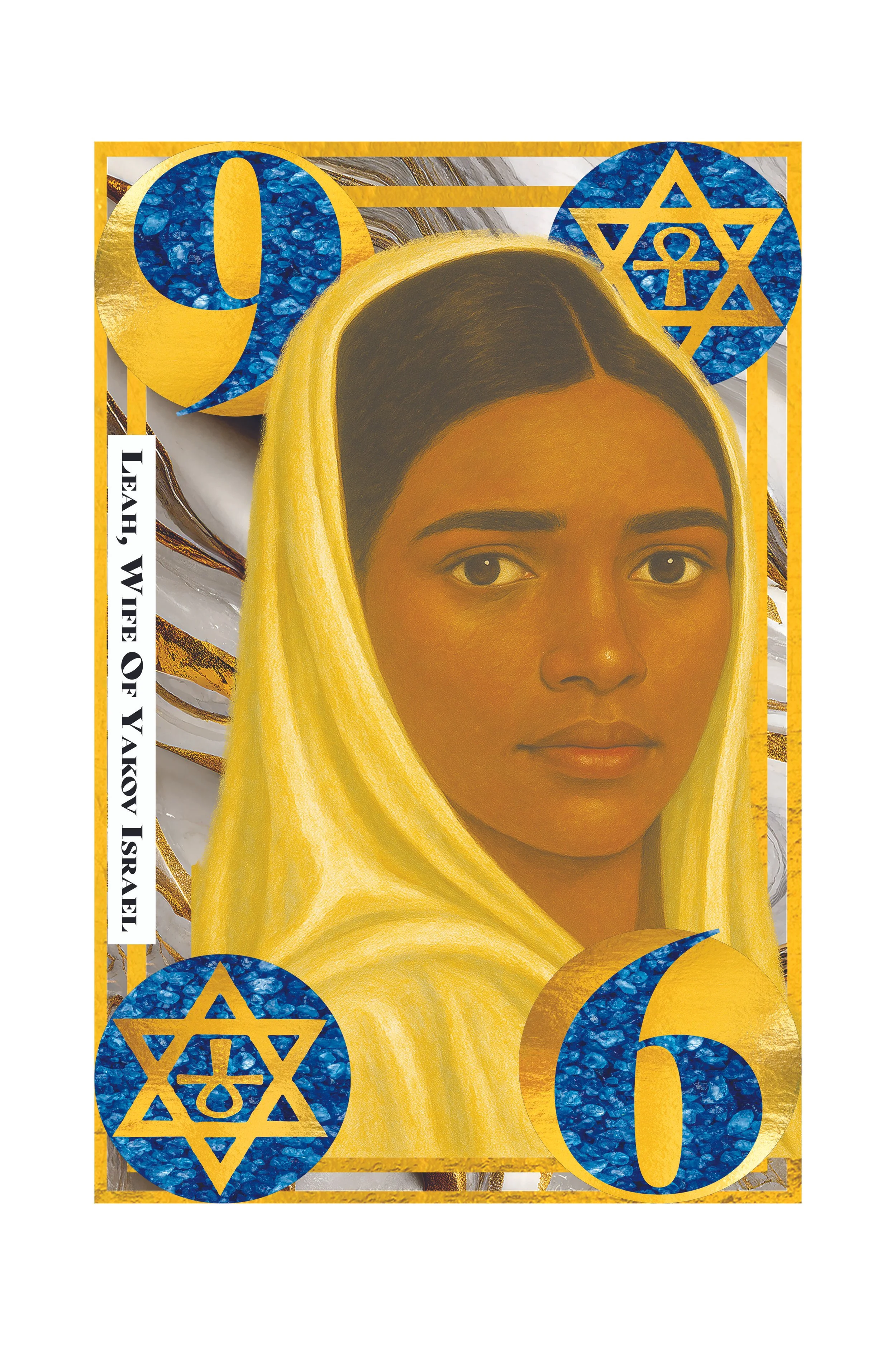 A stylized illustration of a woman wearing a yellow head covering, with Hebrew symbols and the number 6 on a background resembling a banknote from Israel.