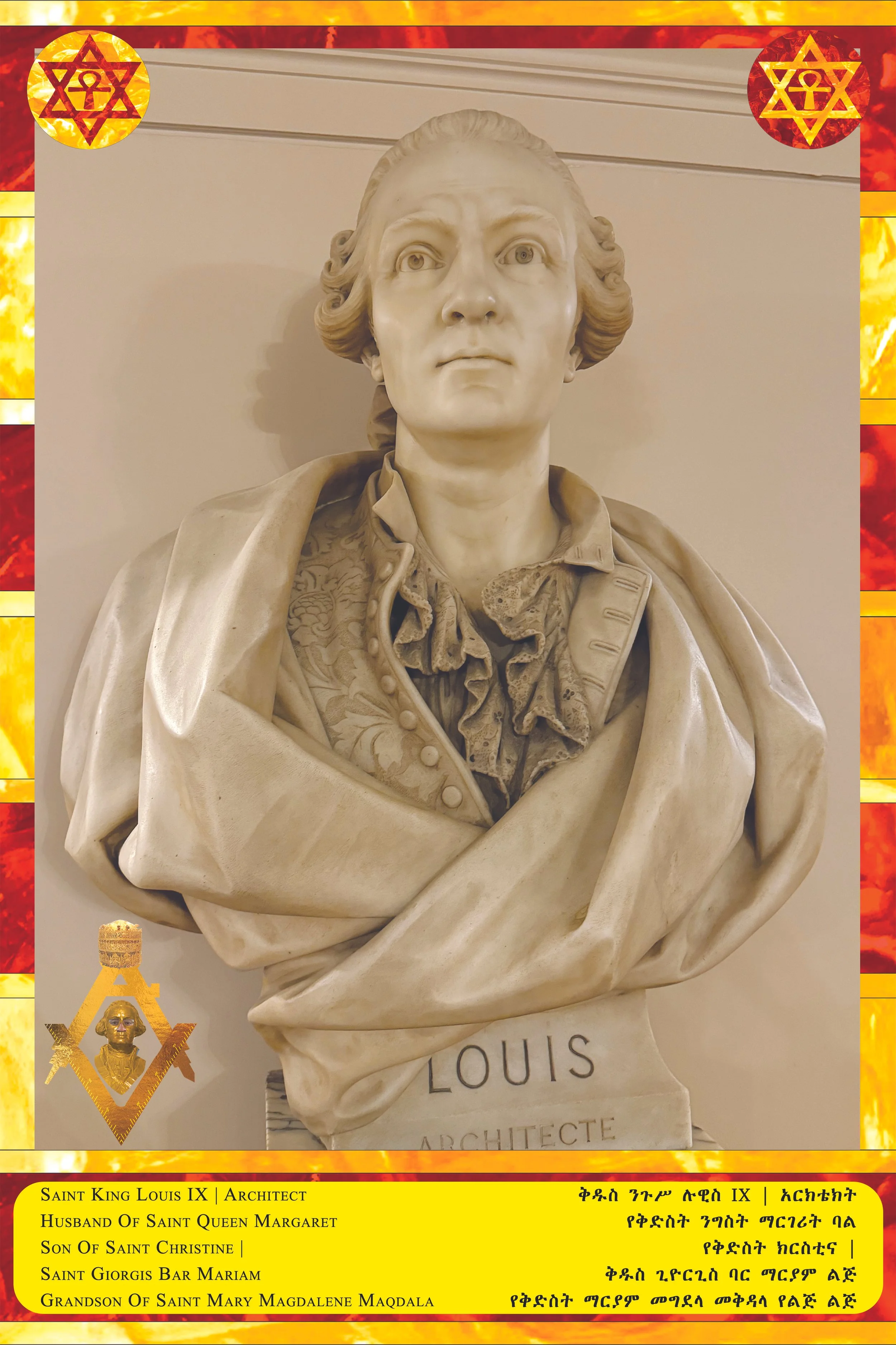 A marble bust of Saint Louis IX, noted as an architect, with decorative border featuring symbols and colors associated with Freemasonry, and a gold Masonic square and compass emblem at the bottom left corner. The bust has detailed clothing and is car