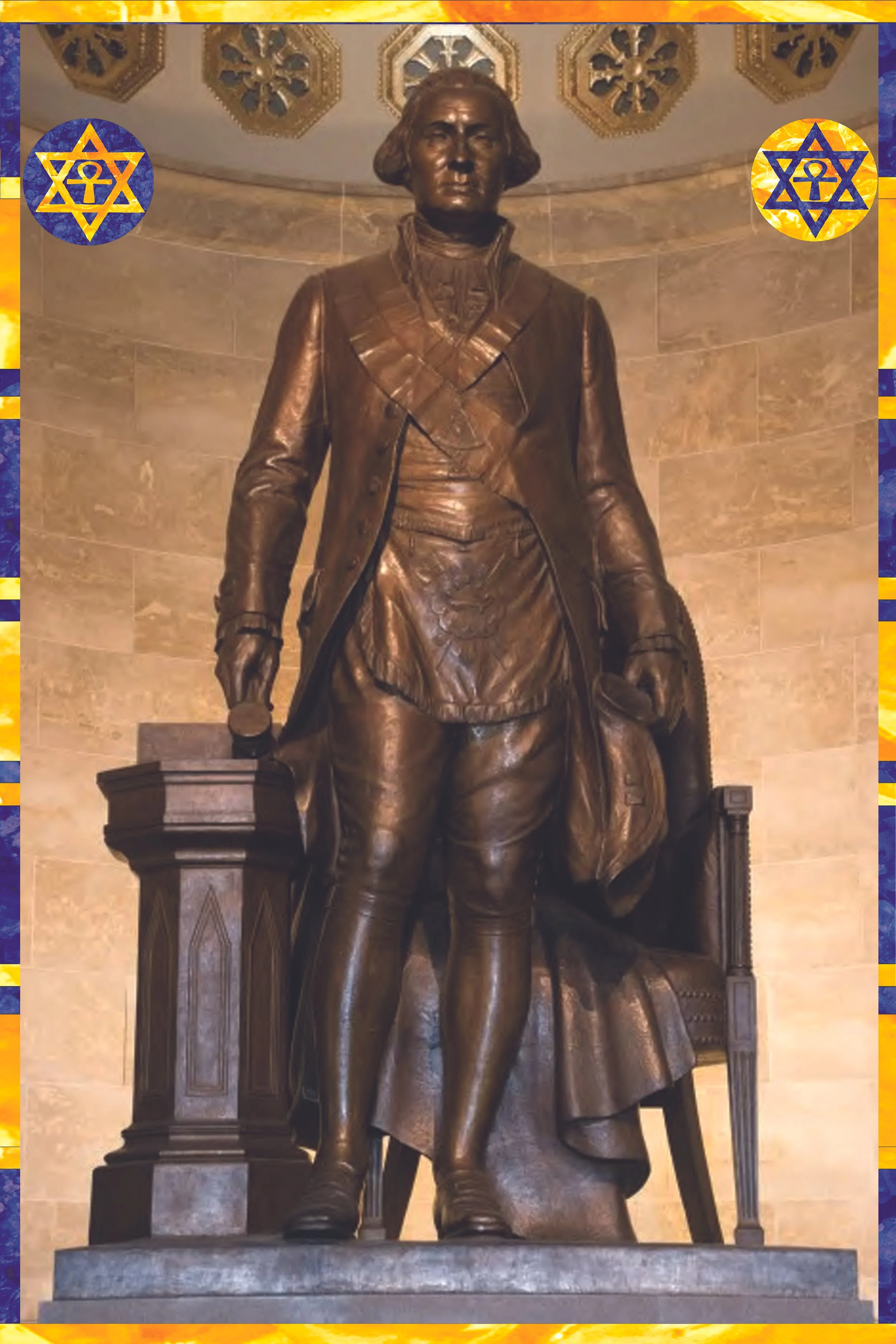 Bronze statue of a historical figure dressed in 18th-century clothing, standing on a pedestal in an indoor setting.
