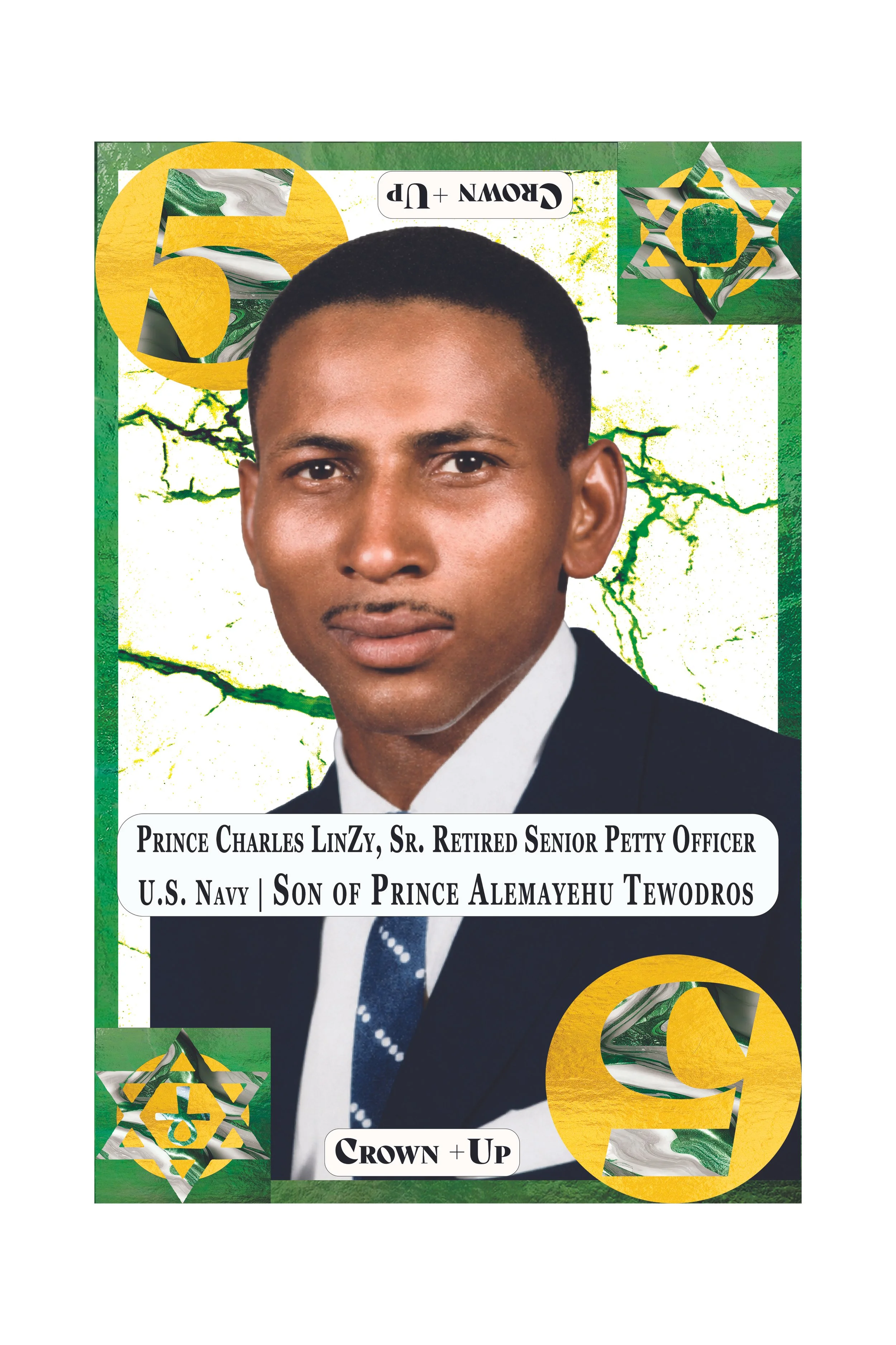 Young man wearing a dark suit and tie, with a cropped hairstyle, against a colorful background with green, yellow, and white abstract patterns, and text indicating his name and titles.