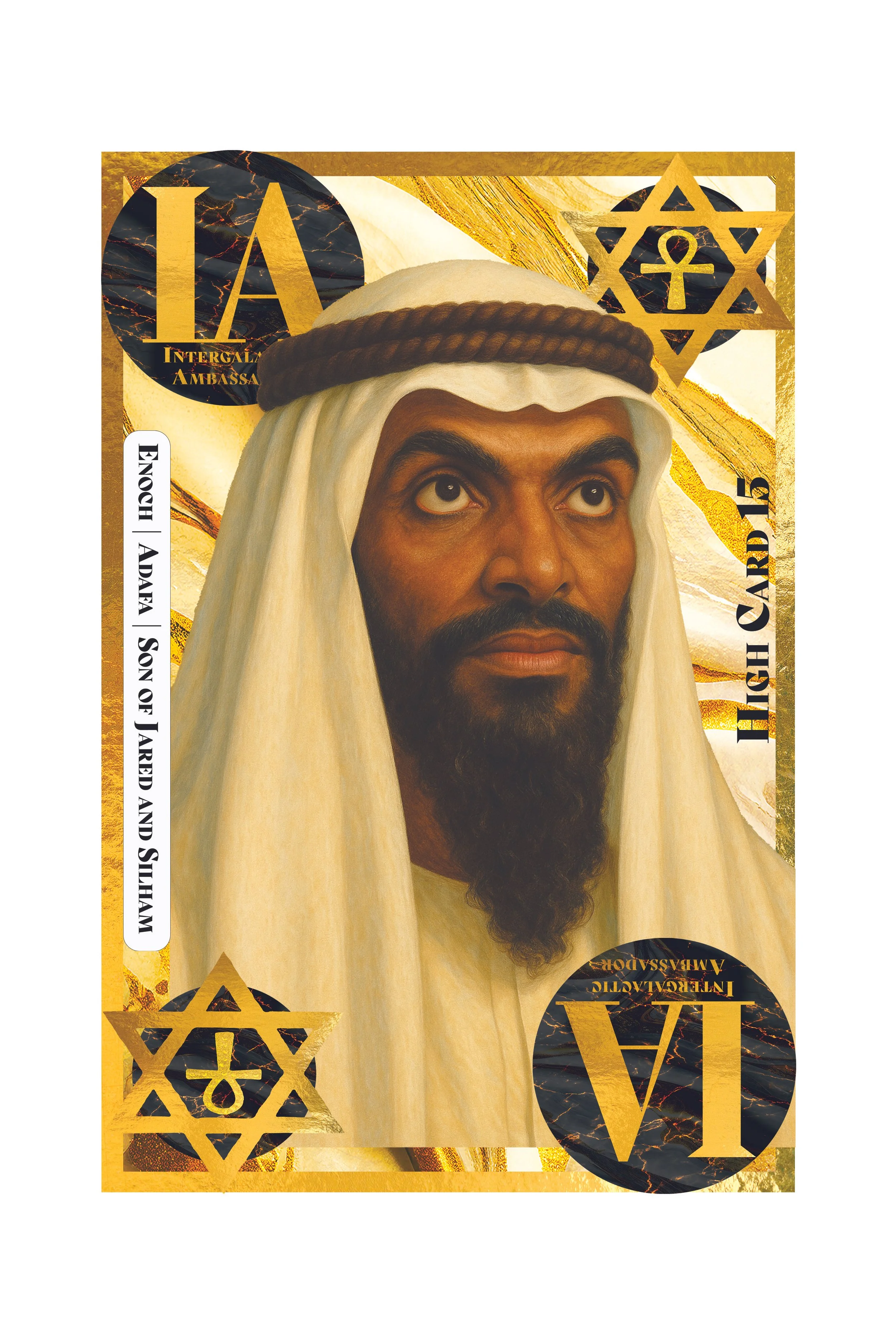 A man dressed in traditional Middle Eastern attire, with a white head covering and a brown headband, gazes upward. The background features overlapping gold and black decorative elements, including the Star of David and other geometric symbols.