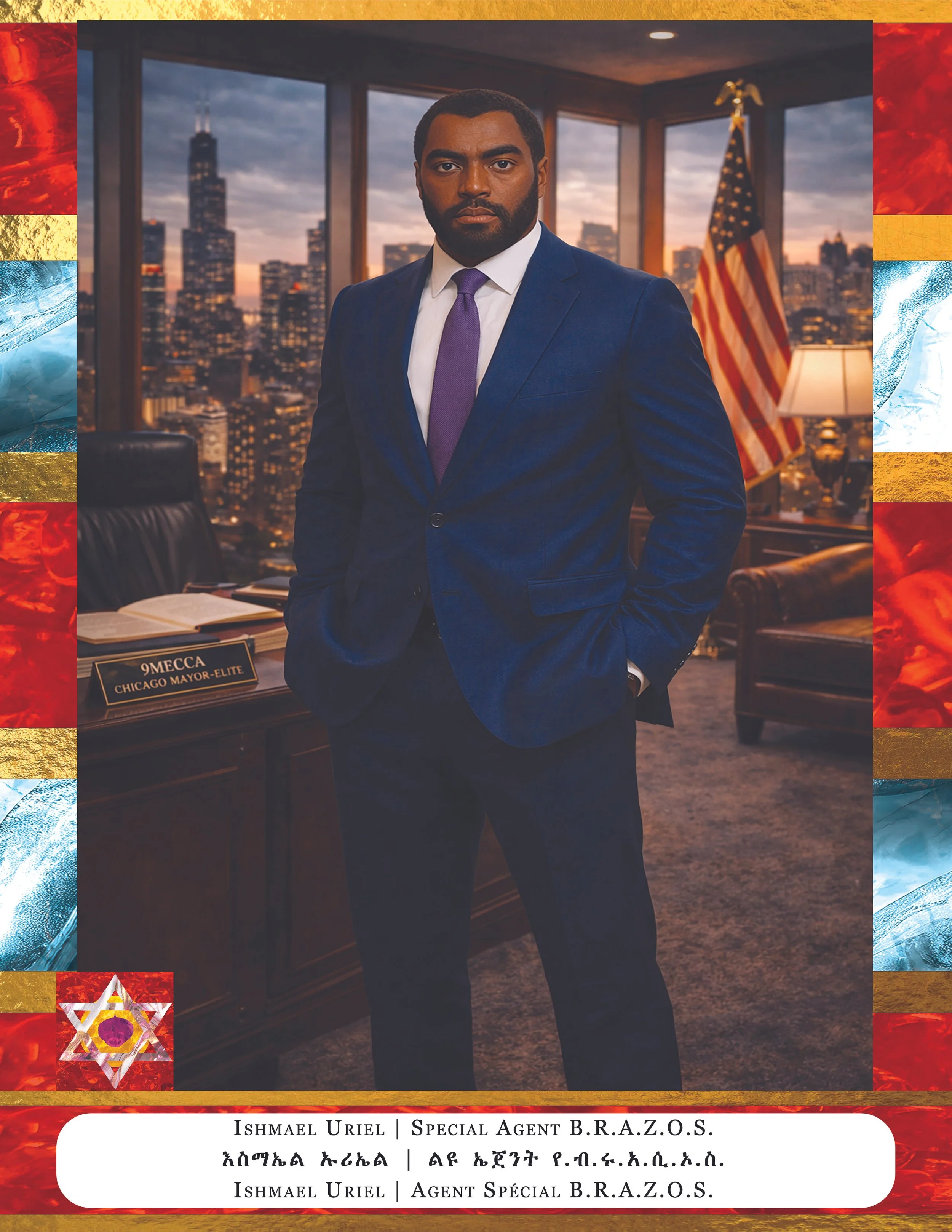 A man in a blue suit with a purple tie standing in an office with a city skyline and the Chicago Willis Tower behind him, an American flag, and a lamp. There is a sign on the desk that reads "9MECCA CHICAGO MAYOR-ELITE". The overall image has a color