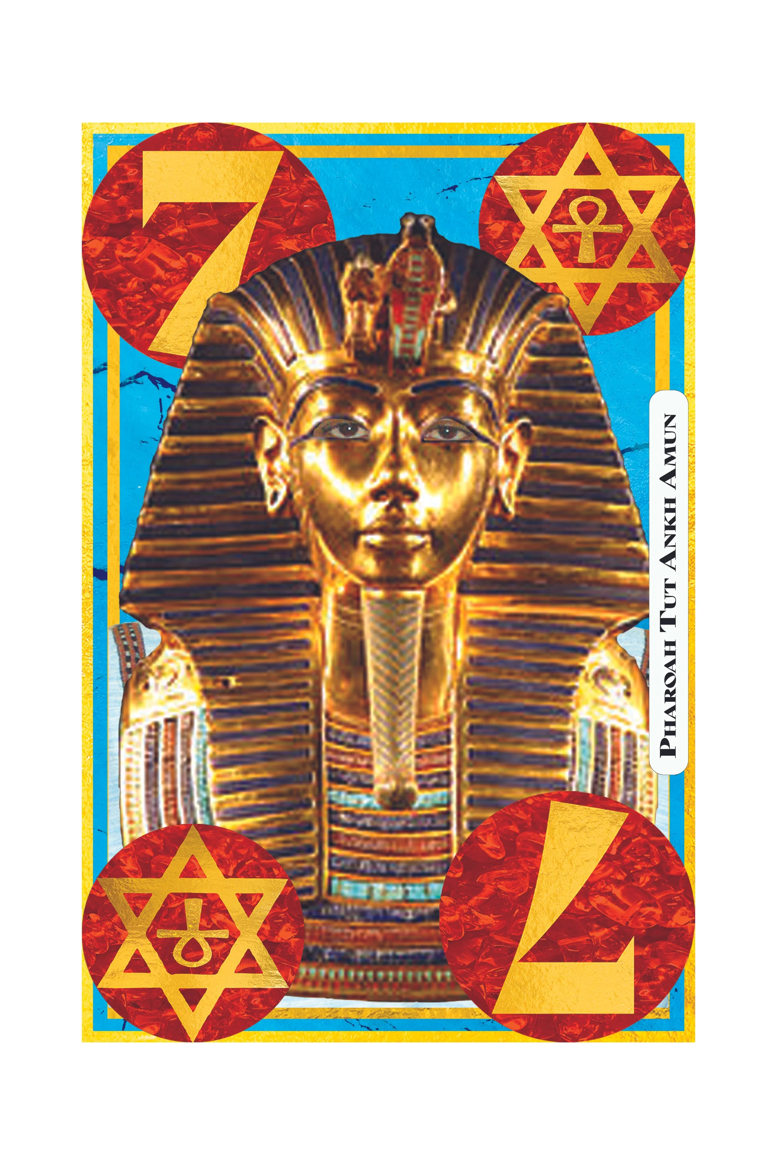 An artistic depiction of an Egyptian pharaoh's golden mask, with a cobra on the forehead, set against a blue background with red circles containing yellow symbols and a border with yellow and blue accents.