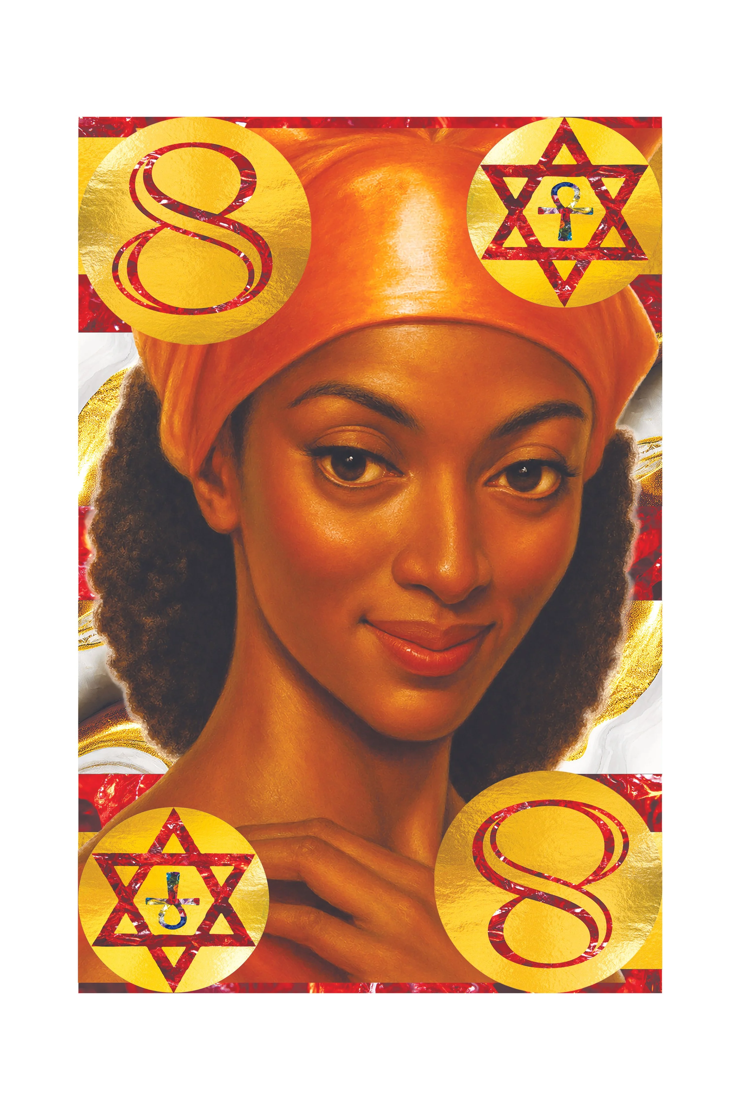 A woman with dark curly hair wearing an orange headwrap, with gold and red accents, looking at the camera with a slight smile, with various symbols including the number 8 and the Star of David with a menorah inside, on a colorful background.