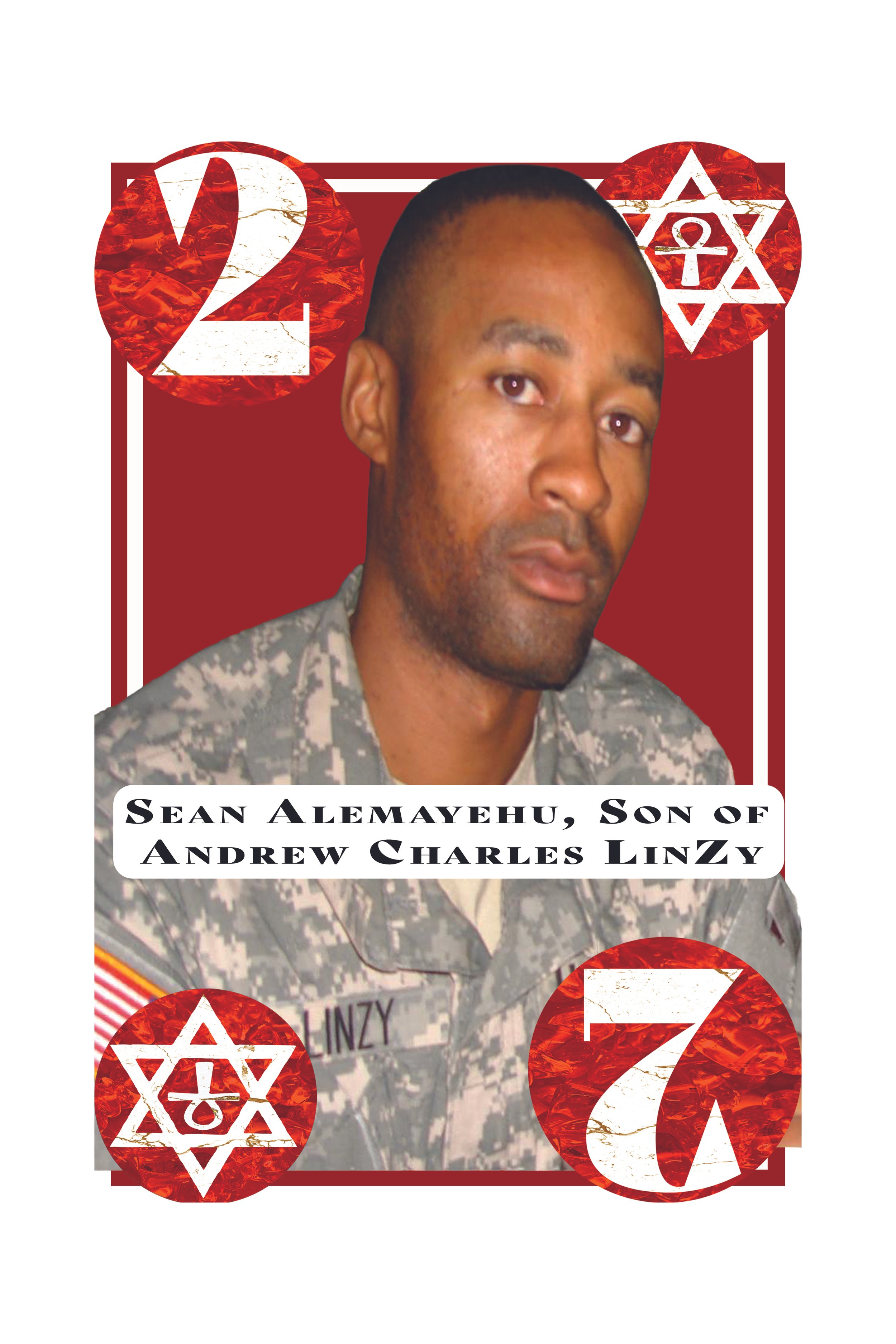 Photo of a man in a military uniform with text overlay. The text reads: 'Sean Alemayehu, Son of Andrew Charles Linzy'. The background features red and white decorative elements, including a number 2, a number 7, and a Star of David with a cross and a