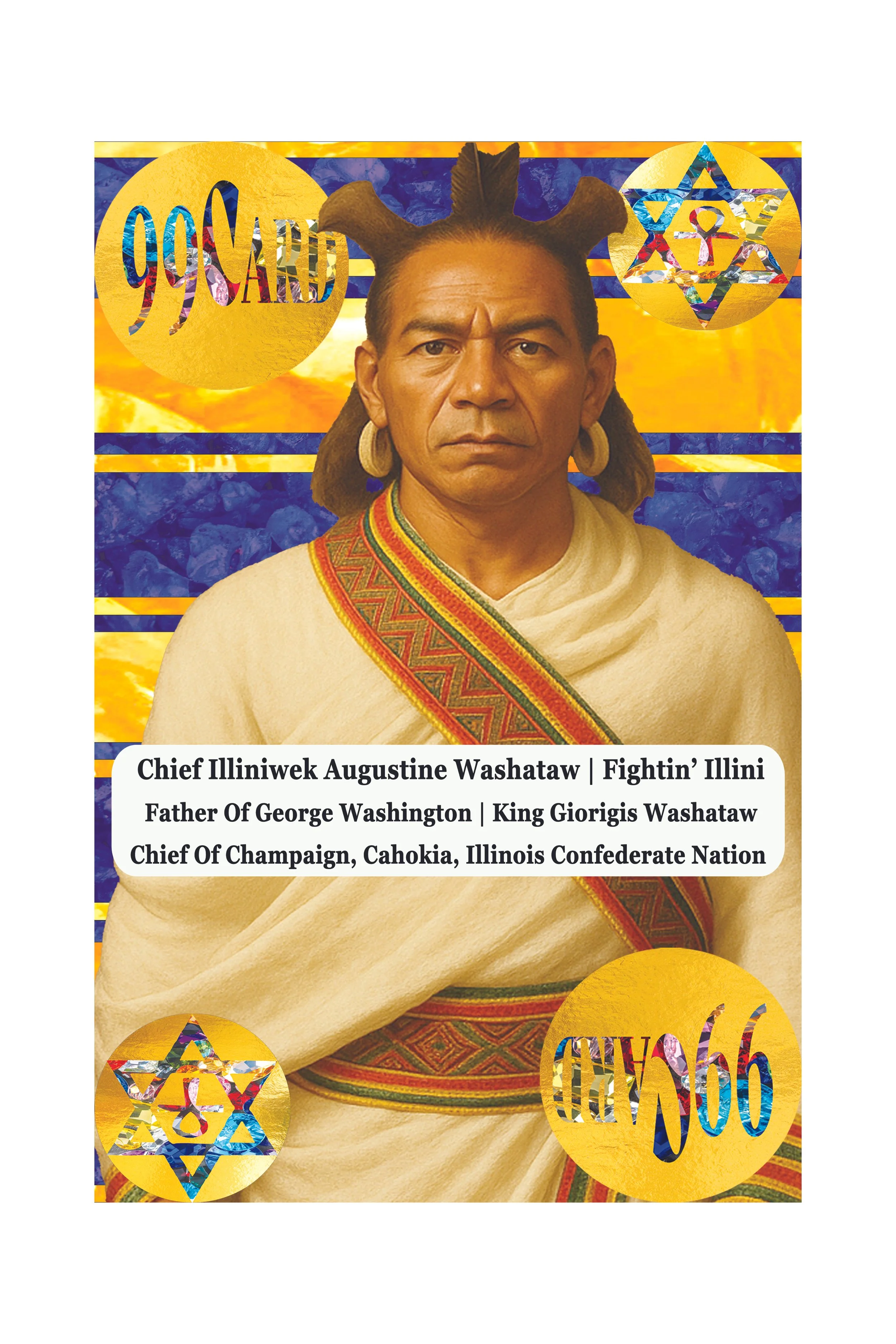 An image of Chief Illiniwek Augustine Washataw, a Native American man wearing traditional clothing and jewelry. The background contains decorative elements and text related to Illinois and Champaign.