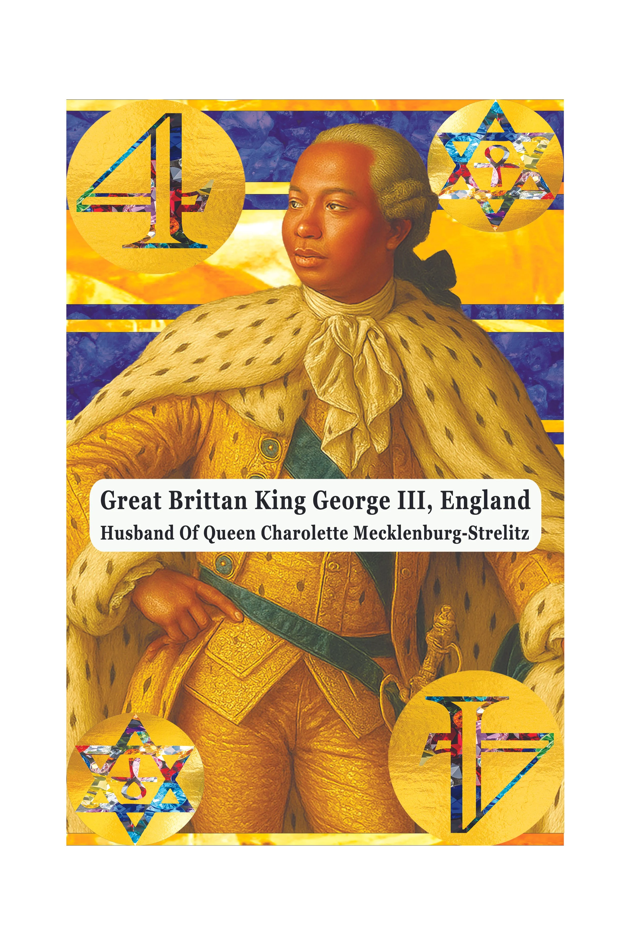 Portrait of Queen Charlotte Mecklenburg-Strelitz in regal yellow costume with a fur-lined cape, holding a sword, set against a vibrant background with symbols including the number 4, a Star of David, and a cross.