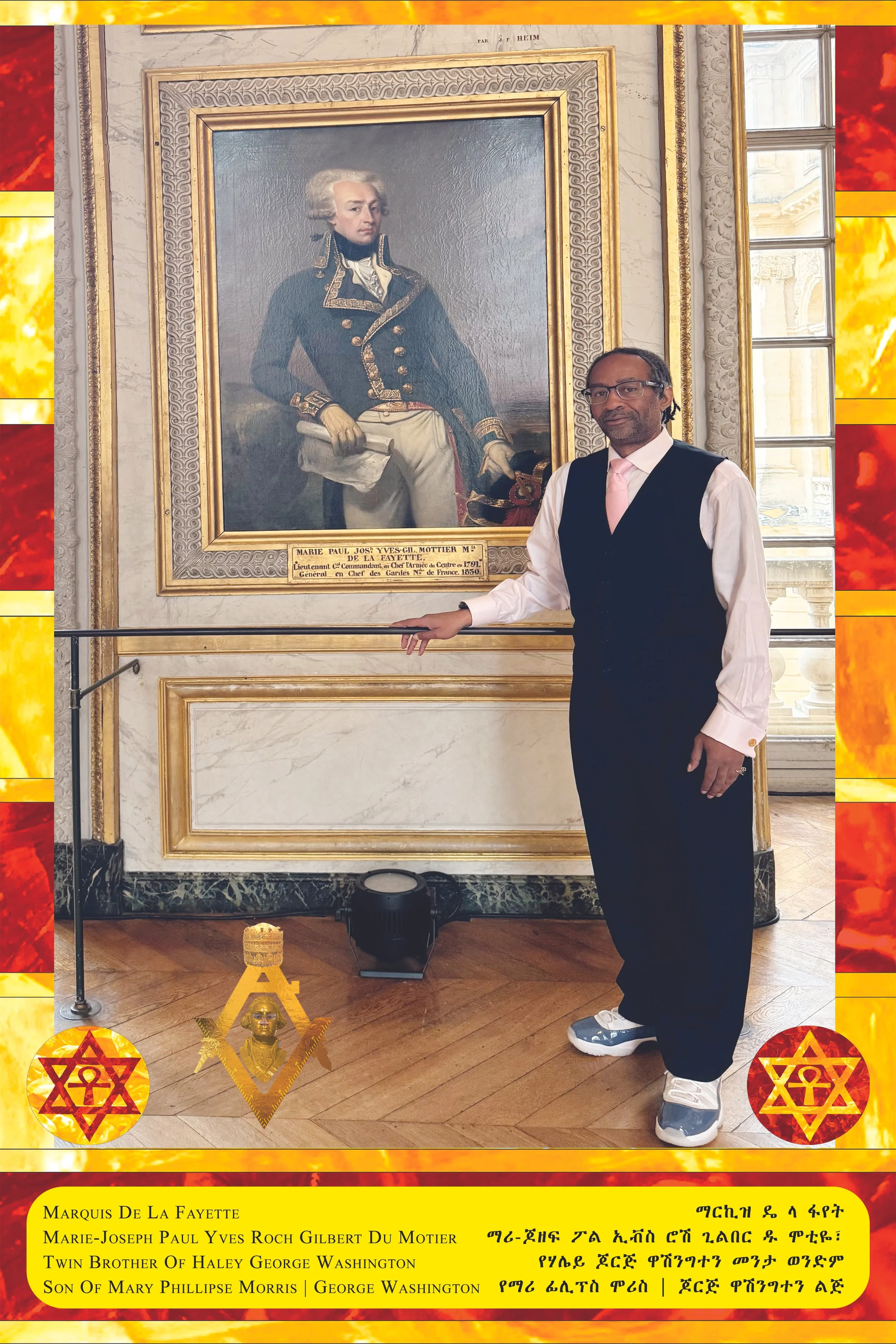 A man standing beside a large portrait of a historical military figure in a room with ornate marble walls and large windows. The man is wearing glasses, a white shirt, black vest, pink tie, and sneakers. The portrait depicts a man in a dark military 