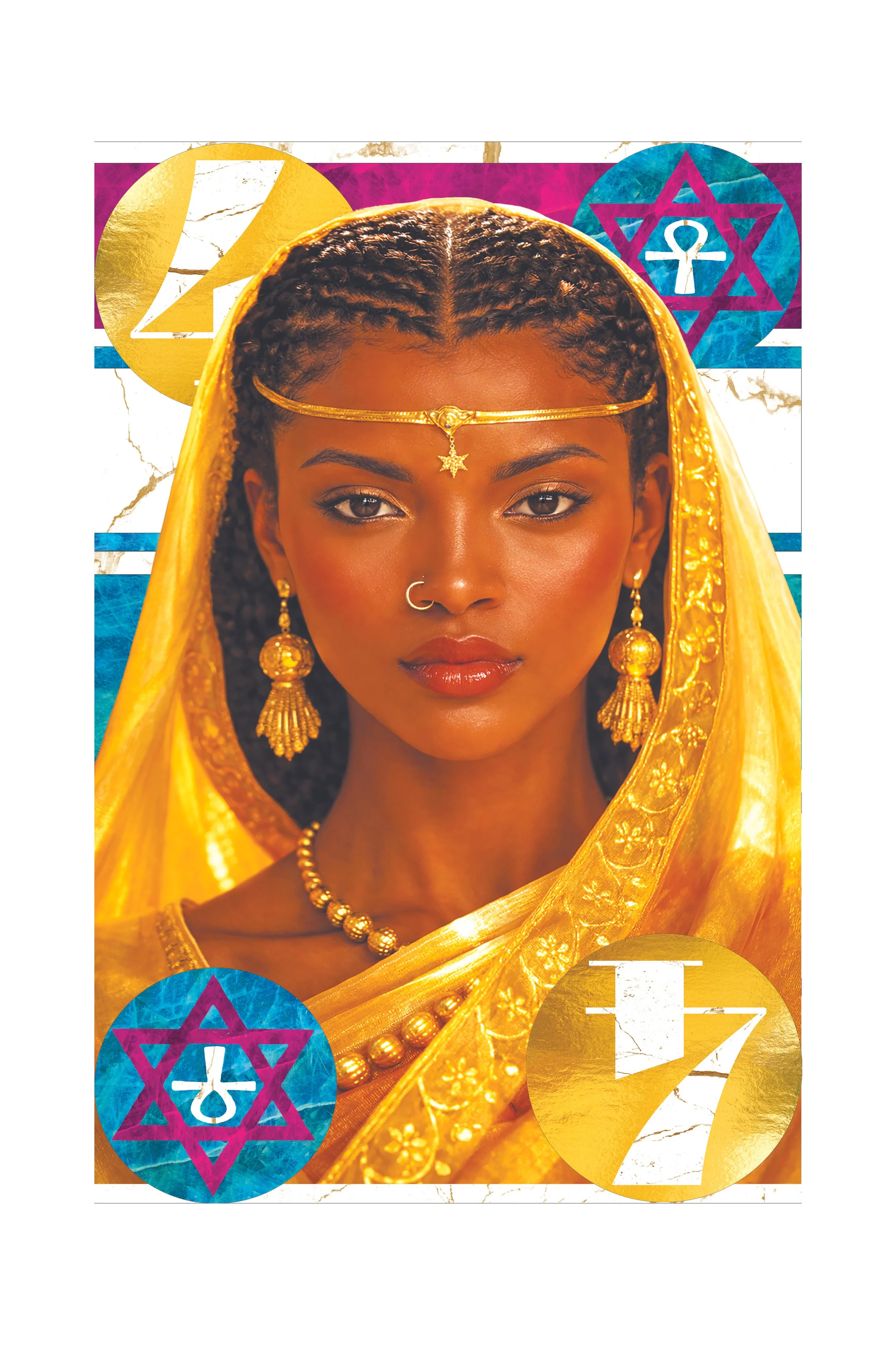 Portrait of a woman with dark skin wearing traditional gold jewelry and a yellow sari, with symbols of the Star of David and the ankh in the background.