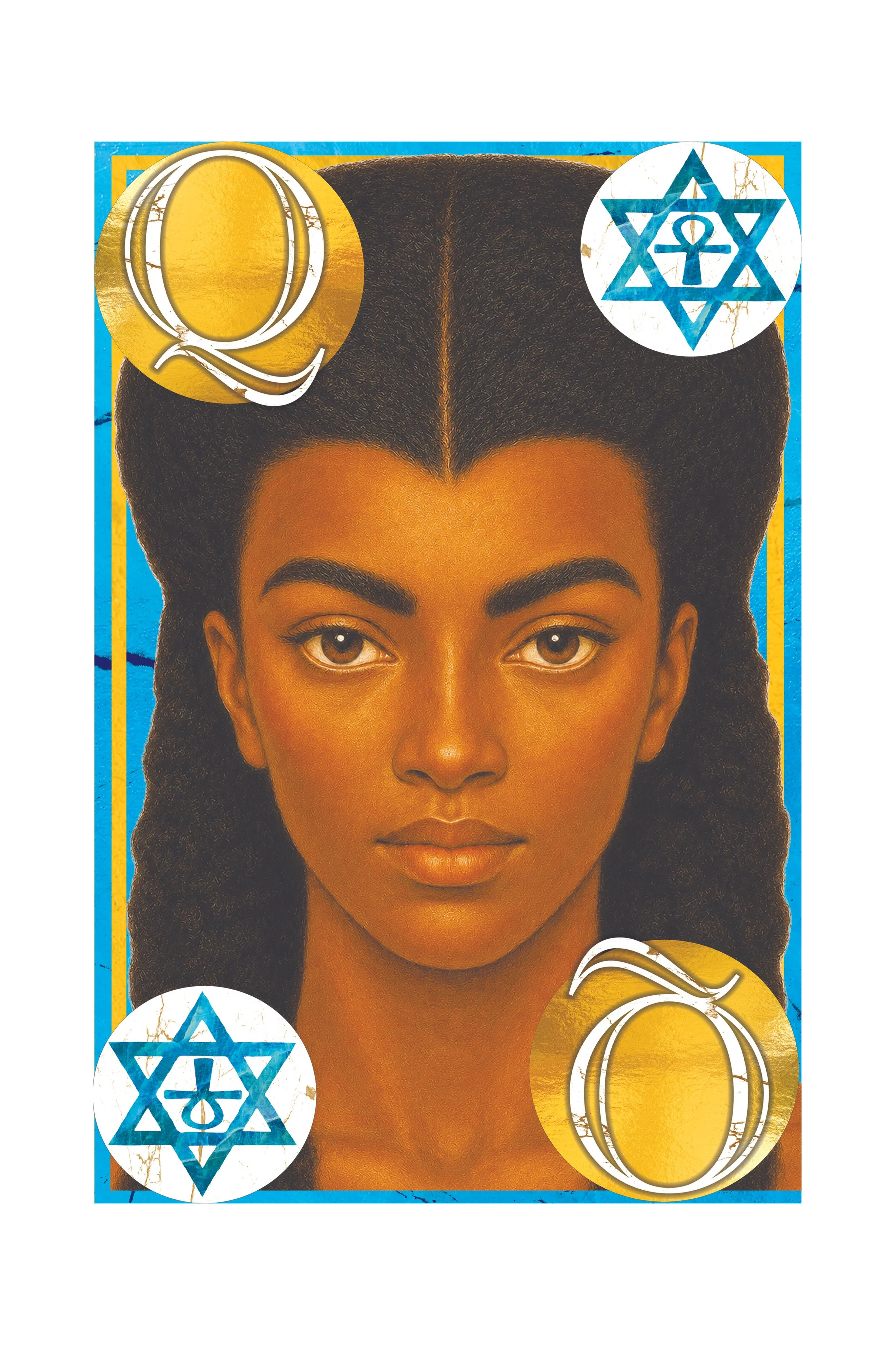 A youthful Black woman with natural hair looking directly at the camera, with overlapping golden and white coins and blue star of David symbols surrounding her face.