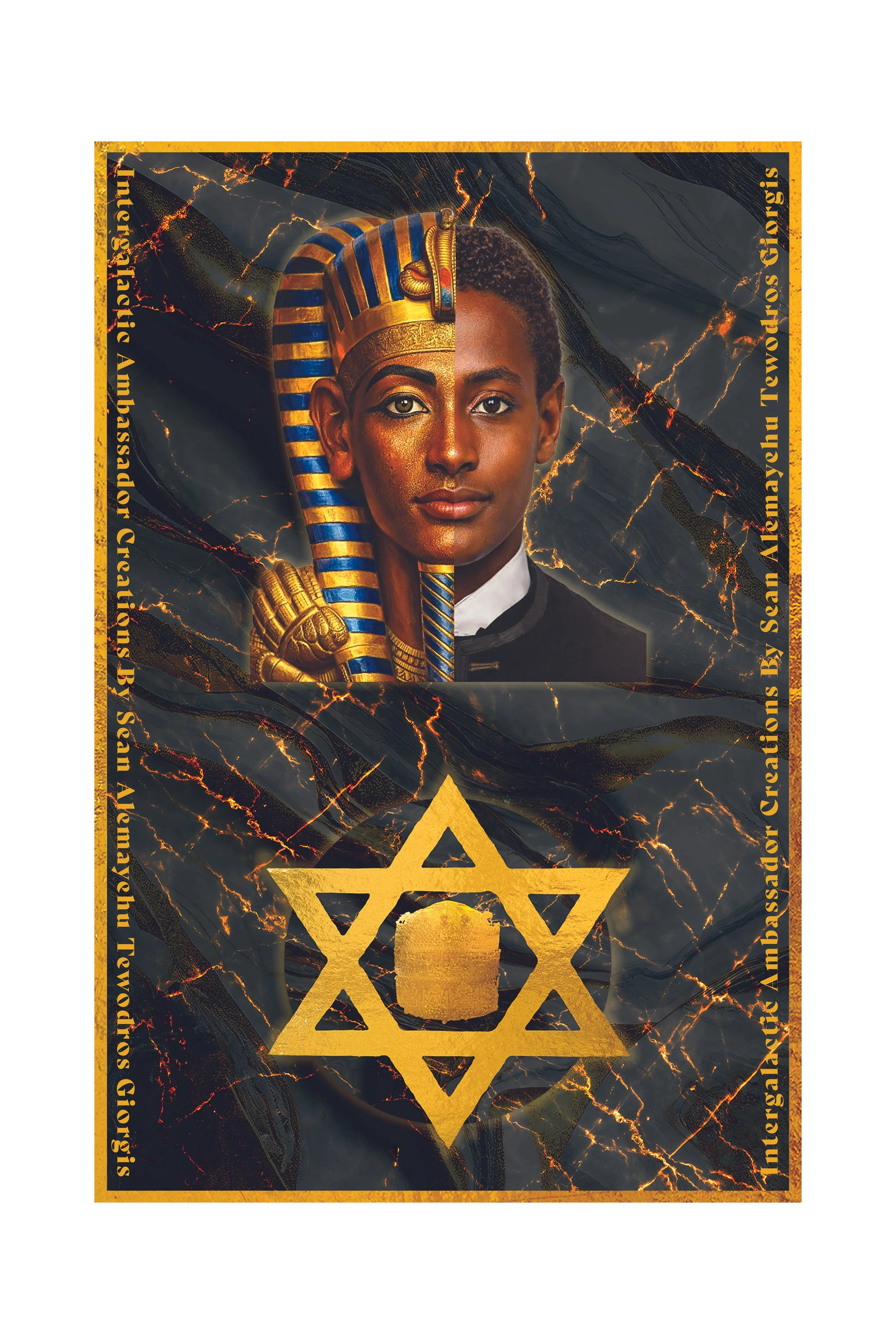 A composite image of a young Egyptian woman with traditional Egyptian attire and makeup, melding with an image of a young African-American woman in modern clothing. The background features black marble with orange lightning streaks, and a large gold 
