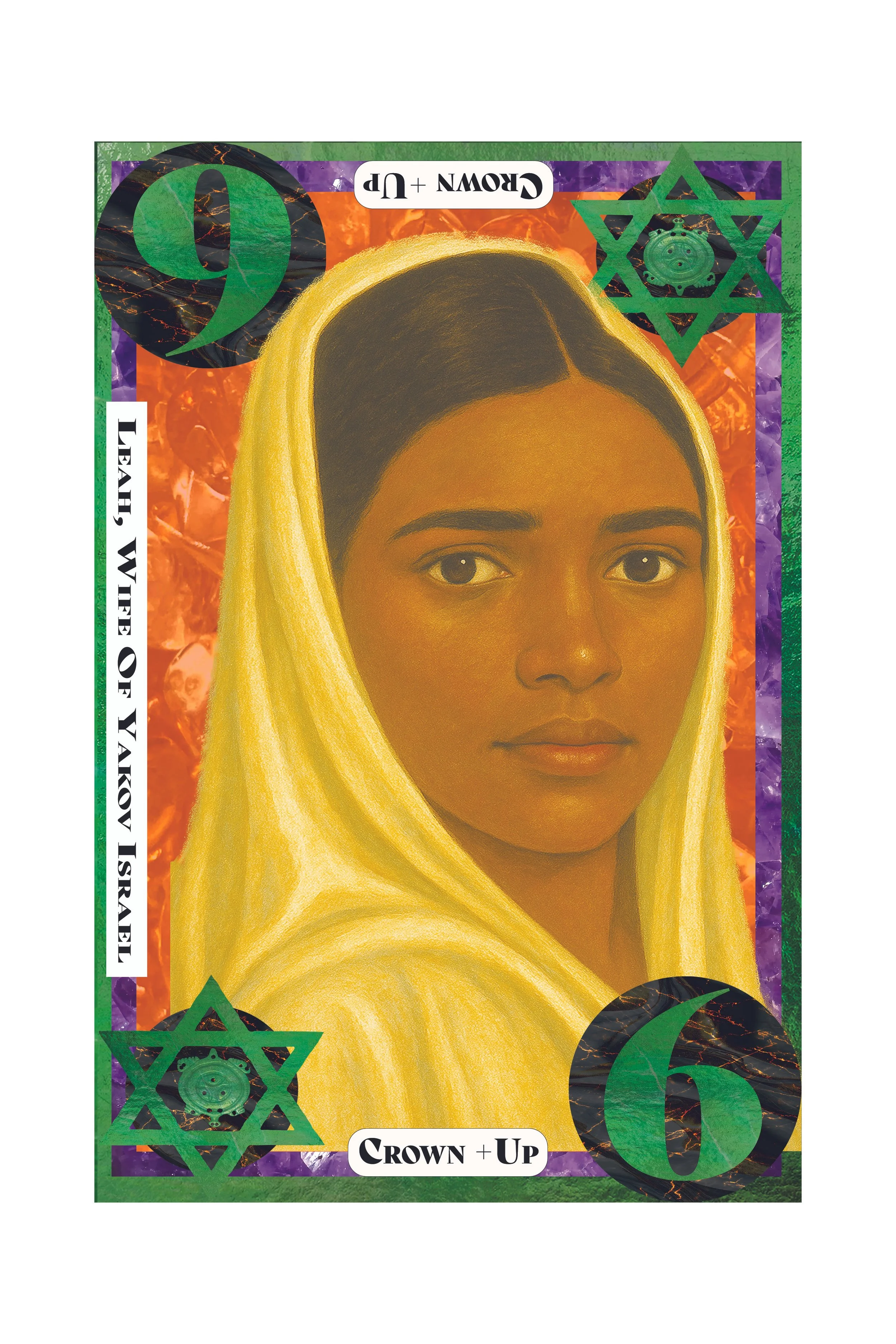 A colorful illustration resembling a banknote with a woman's portrait wearing a yellow headscarf. The note features green, purple, orange, and black graphics, including stars and geometric shapes. Text on the note reads 'LEAH WISE OF YAKUTSL' on the 