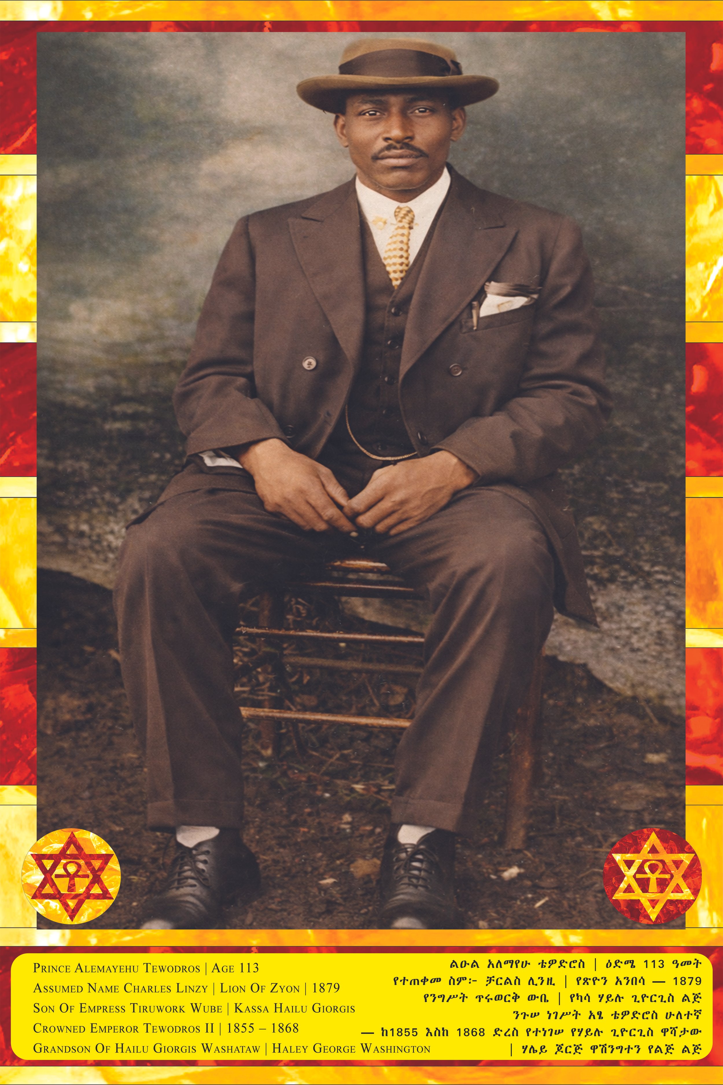 A colorized, vintage photograph of Prince Alemayehu Tewodros, aged 113, dressed in a dark suit, white shirt, and striped tie, wearing a wide-brimmed hat, sitting on a wooden chair outdoors with a neutral background. The image is framed with a red, ye