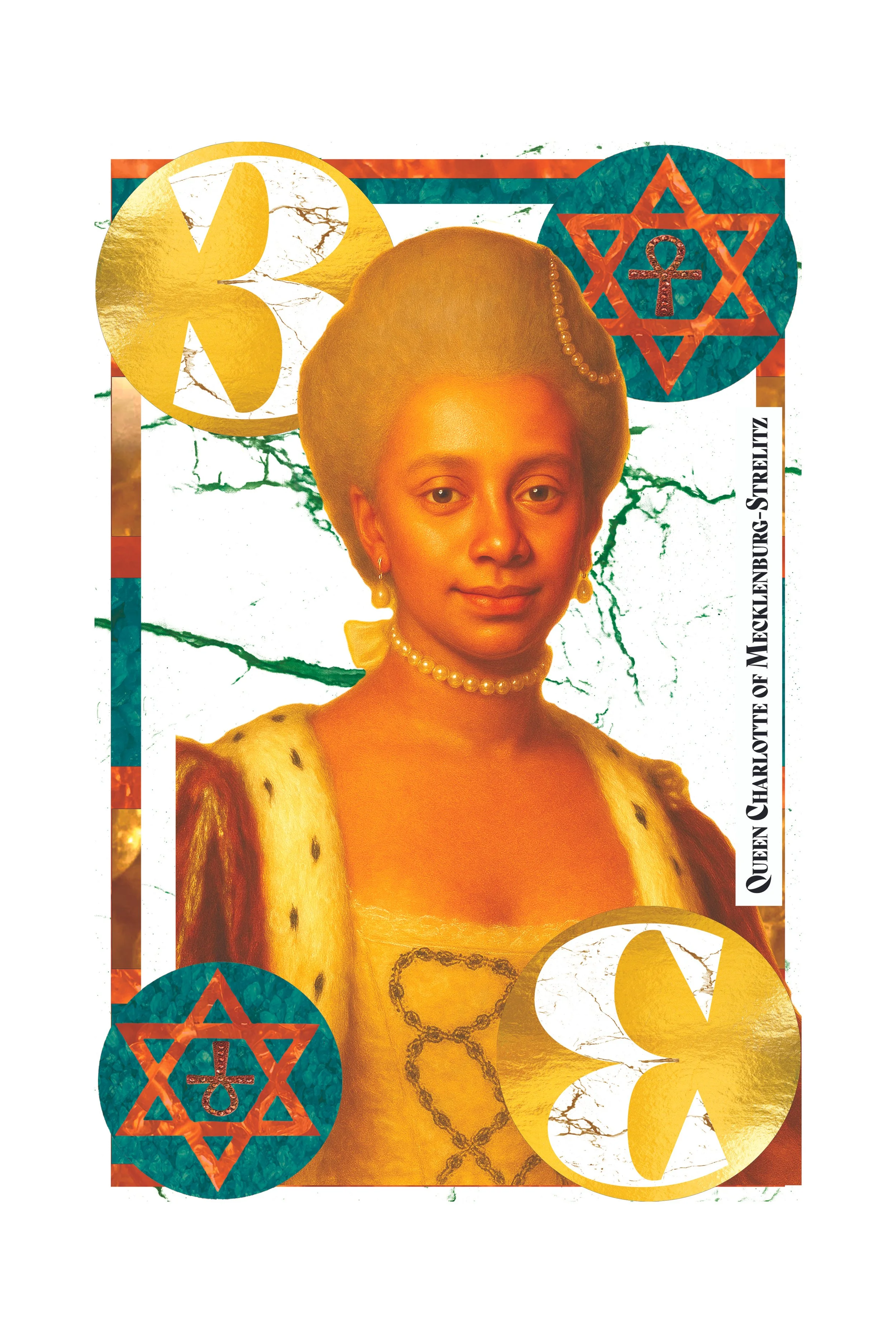A stylized illustration of Queen Charlotte with a modern artistic background featuring geometric shapes and symbols, including Stars of David and an ankh, with a gold and textured color scheme.