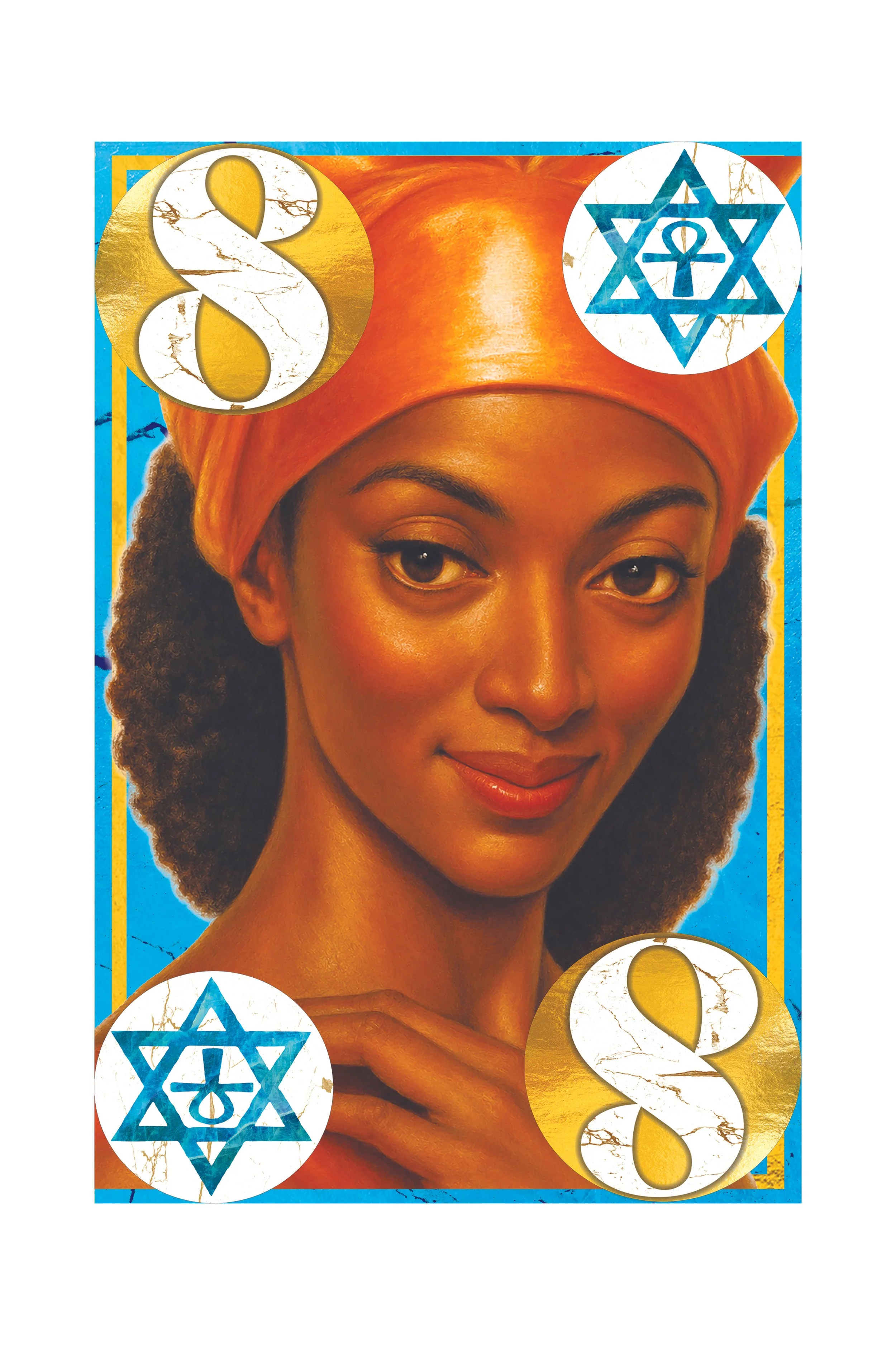 Close-up of a woman's face with dark curly hair, wearing an orange headscarf, against a vibrant blue background with decorative elements including a Star of David symbol and gold numbers.
