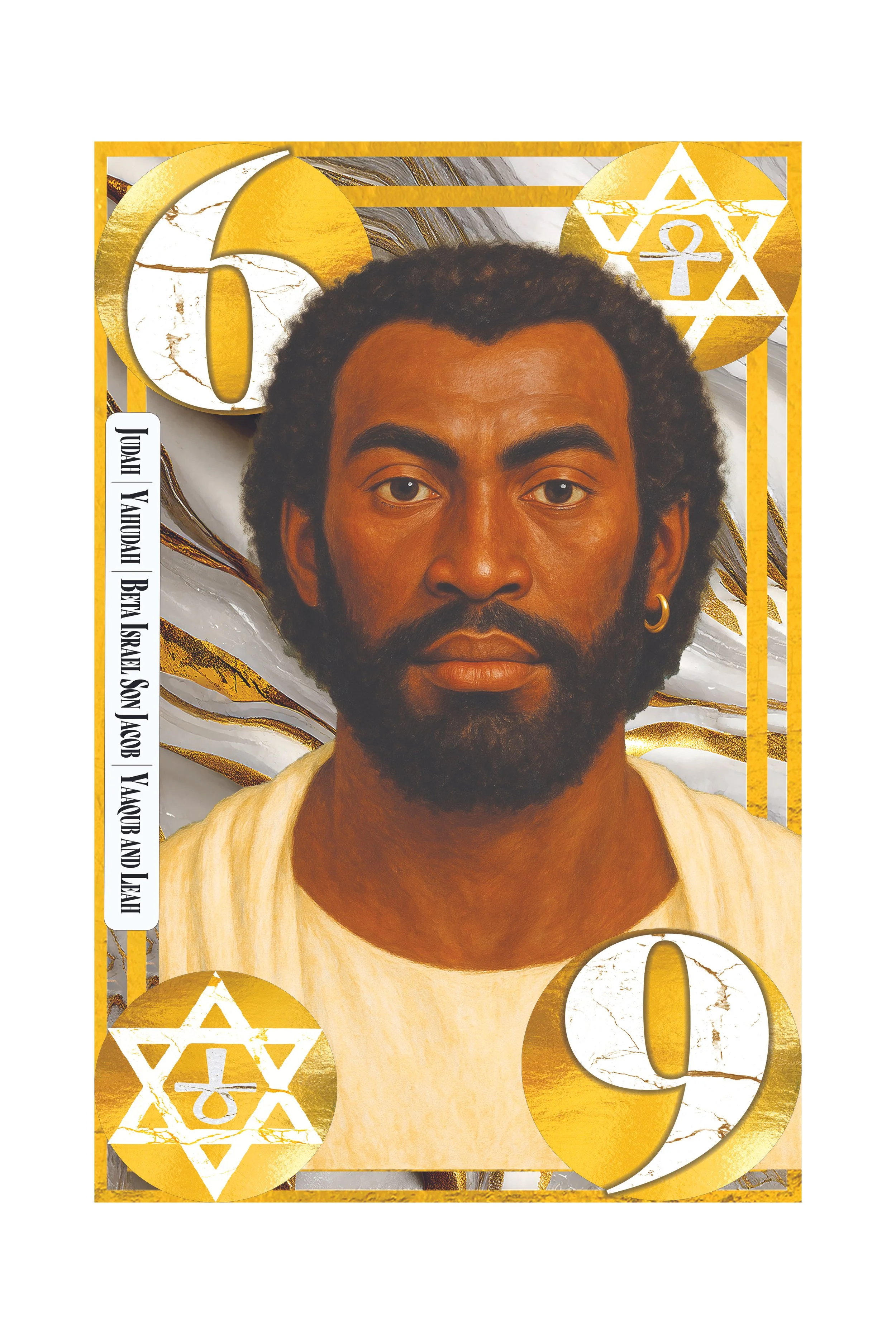 A stylized portrait of a man with dark, curly hair and a beard, wearing a light-colored shirt, surrounded by gold and white dollar signs and geometric patterns.