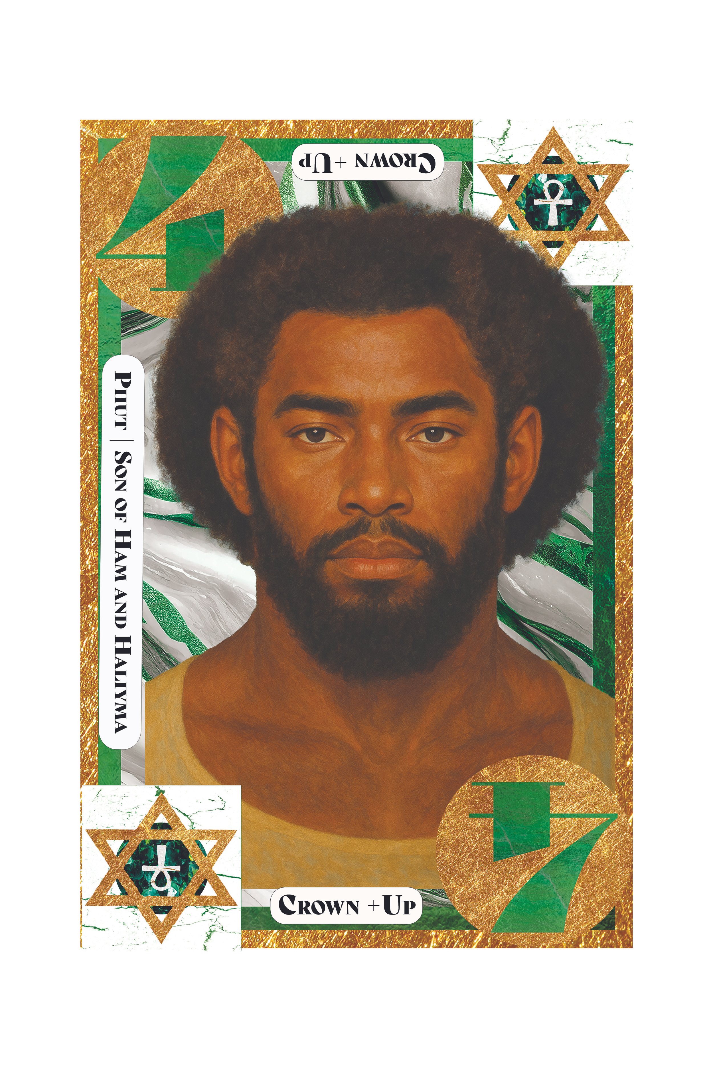 A person with dark curly hair and a beard on a stylized, artistic banknote design with green, gold, and white colors, featuring various symbols, text, and decorative elements.