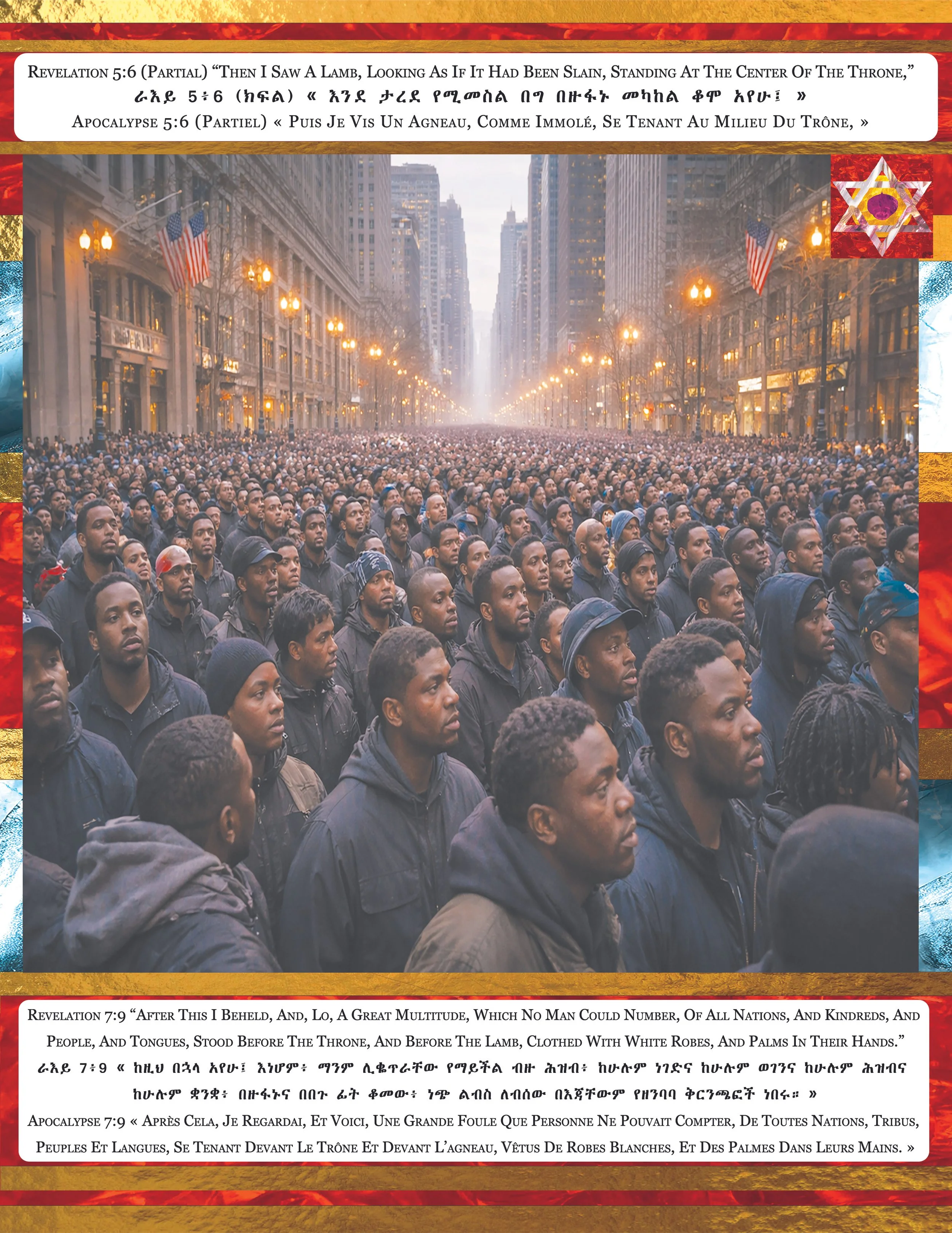 A large crowd of people dressed in black jackets standing in a city street with tall buildings, American flags, and street lamps. The image is framed with red, gold, and blue decorative borders and includes biblical scripture references in English, A