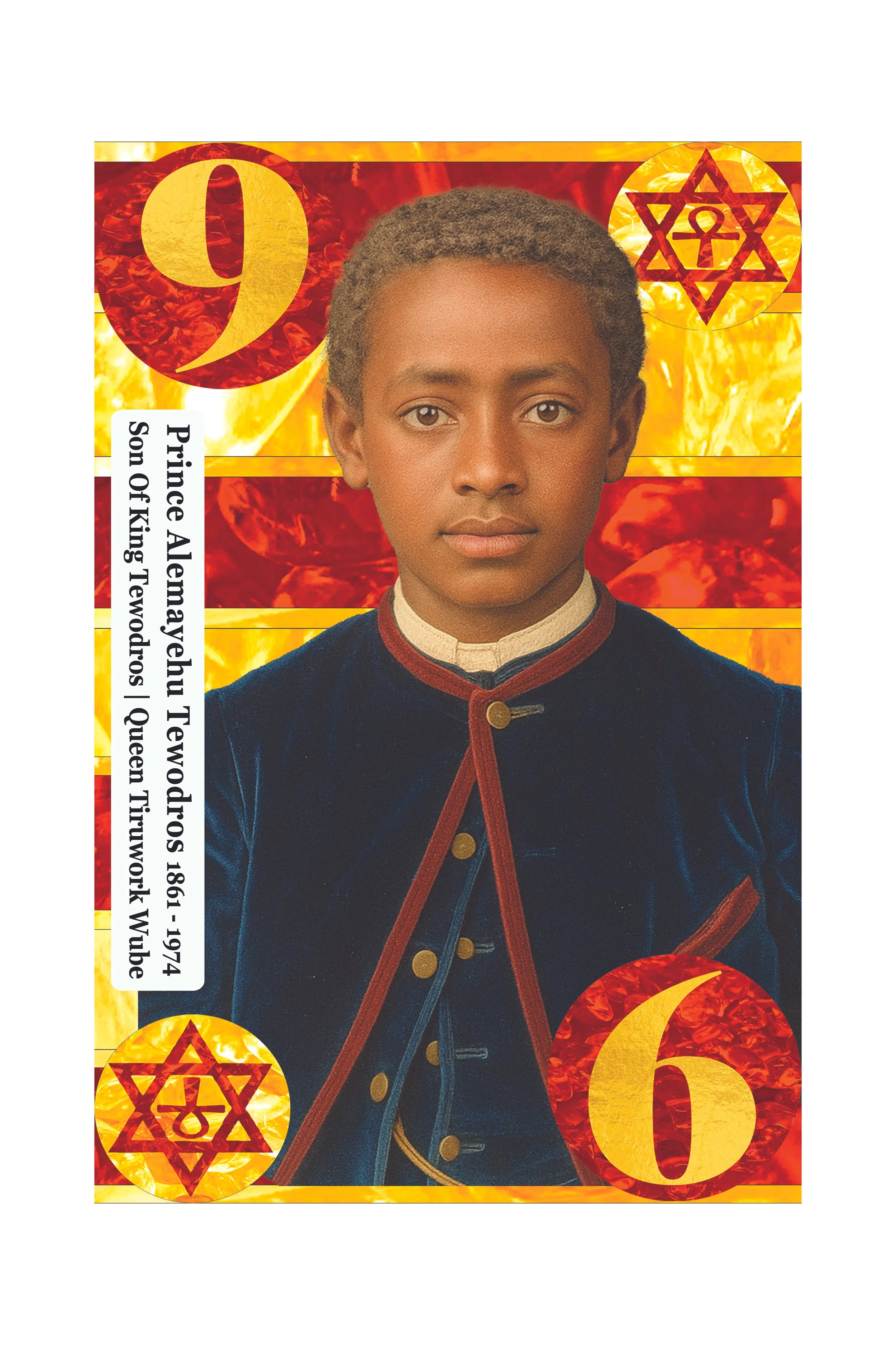 Book cover featuring a young boy with short hair dressed in a dark blue uniform with gold buttons and red trim, set against a fiery background with red and yellow designs and symbols, including the number 9 and 6, and Star of David symbols.
