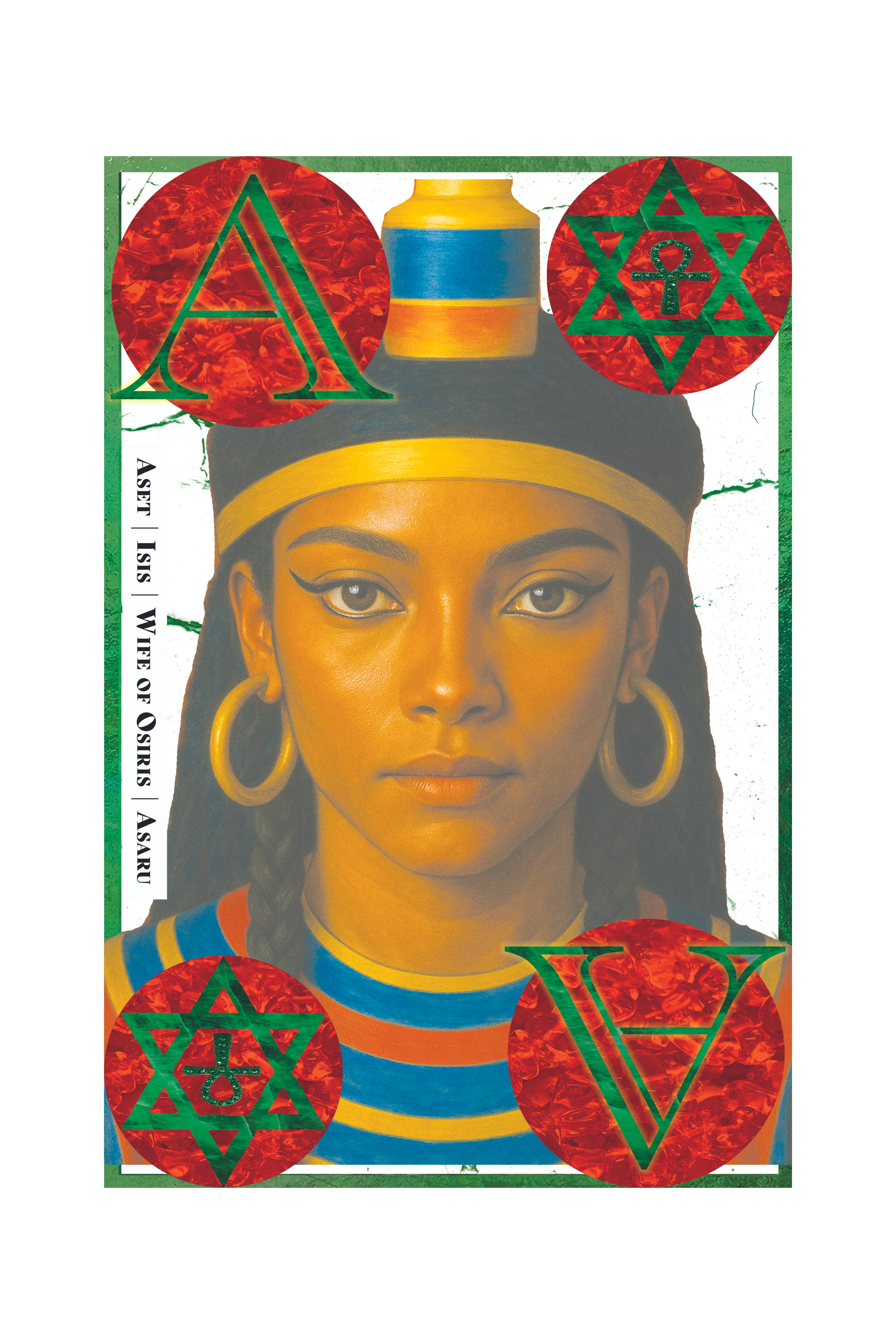 A digital illustration of a woman with dark hair and gold hoop earrings, wearing a striped shirt, with abstract red and green symbols and text surrounding her face.