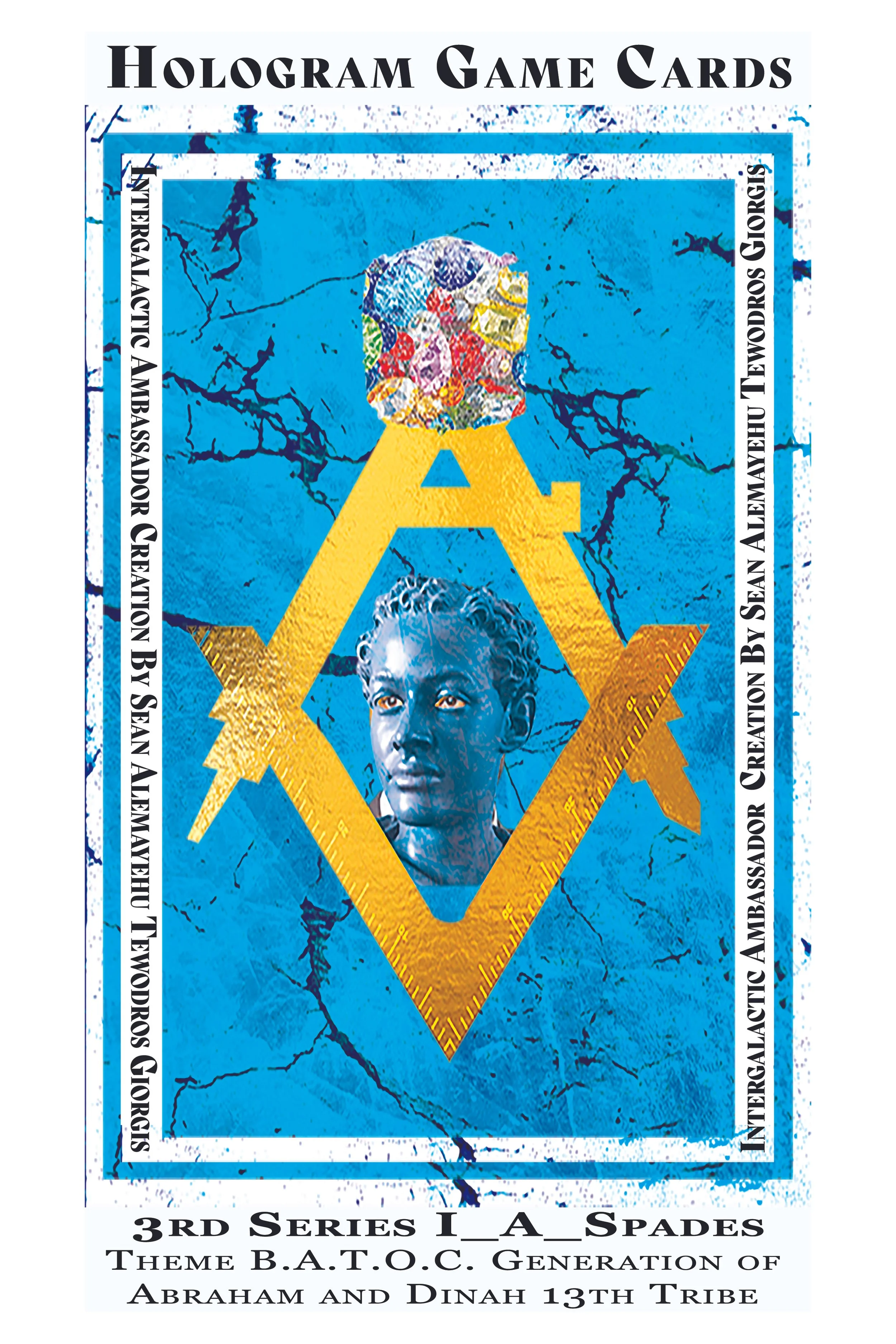 A promotional poster for the third series of hologram game cards, featuring a woman with short curly hair and a serious expression, set against a blue background with black cracks and a yellow geometric shape.