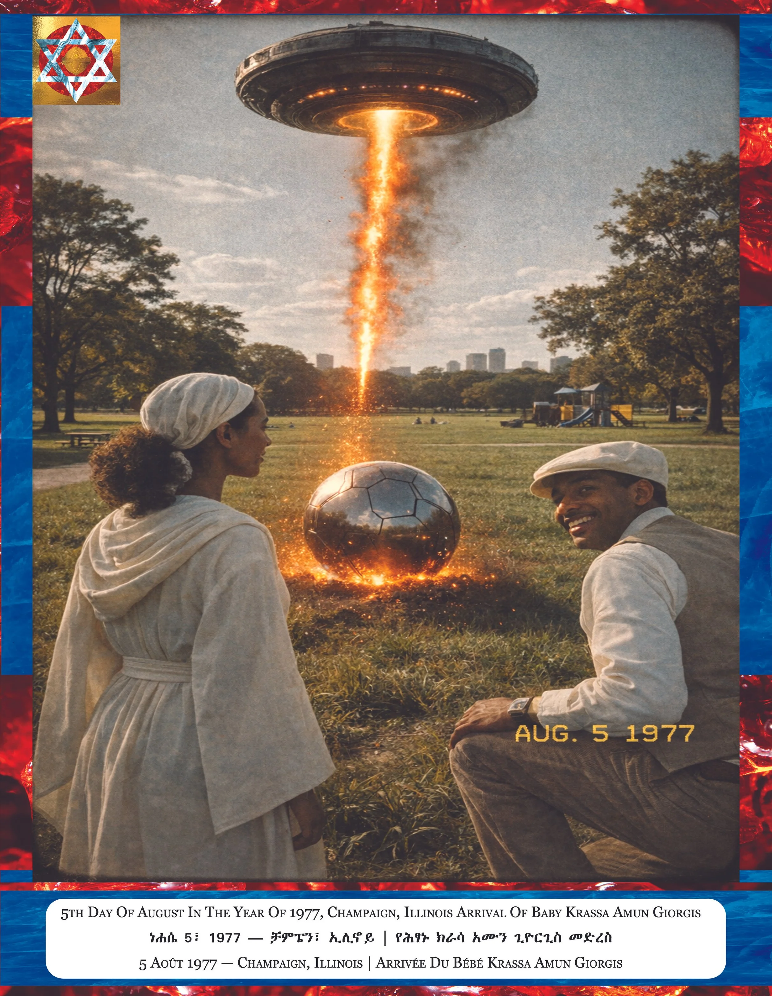 A photo from August 5, 1977, in Champaign, Illinois, showing two people in white clothing and hats, with a basketball between them, and a UFO in the sky emitting a fiery beam of light, with trees and a playground in the background. The photo has colo