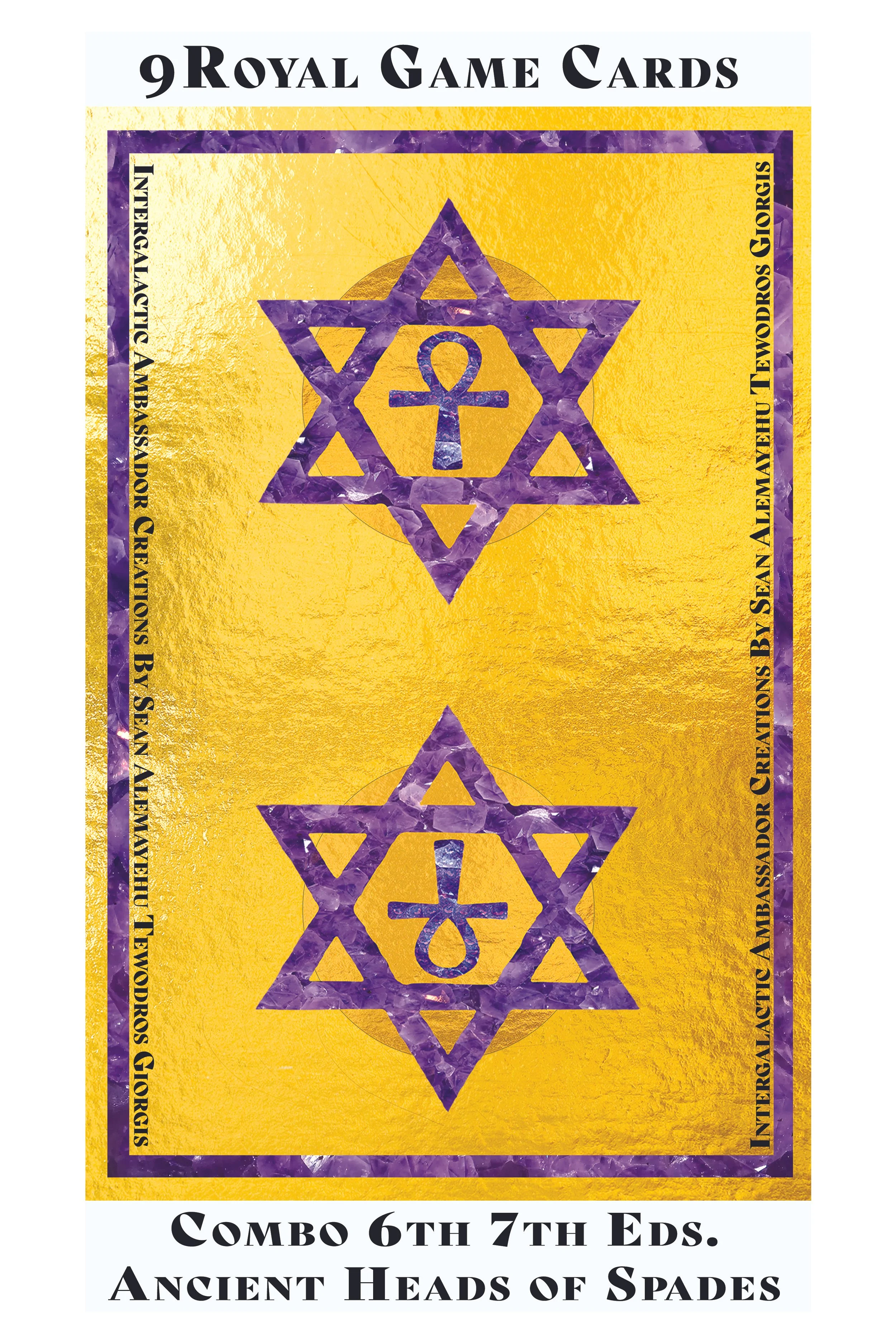 A package of 9 royal game cards featuring ancient heads of spades, with purple and gold designs and symbols, including a star and an anchor.