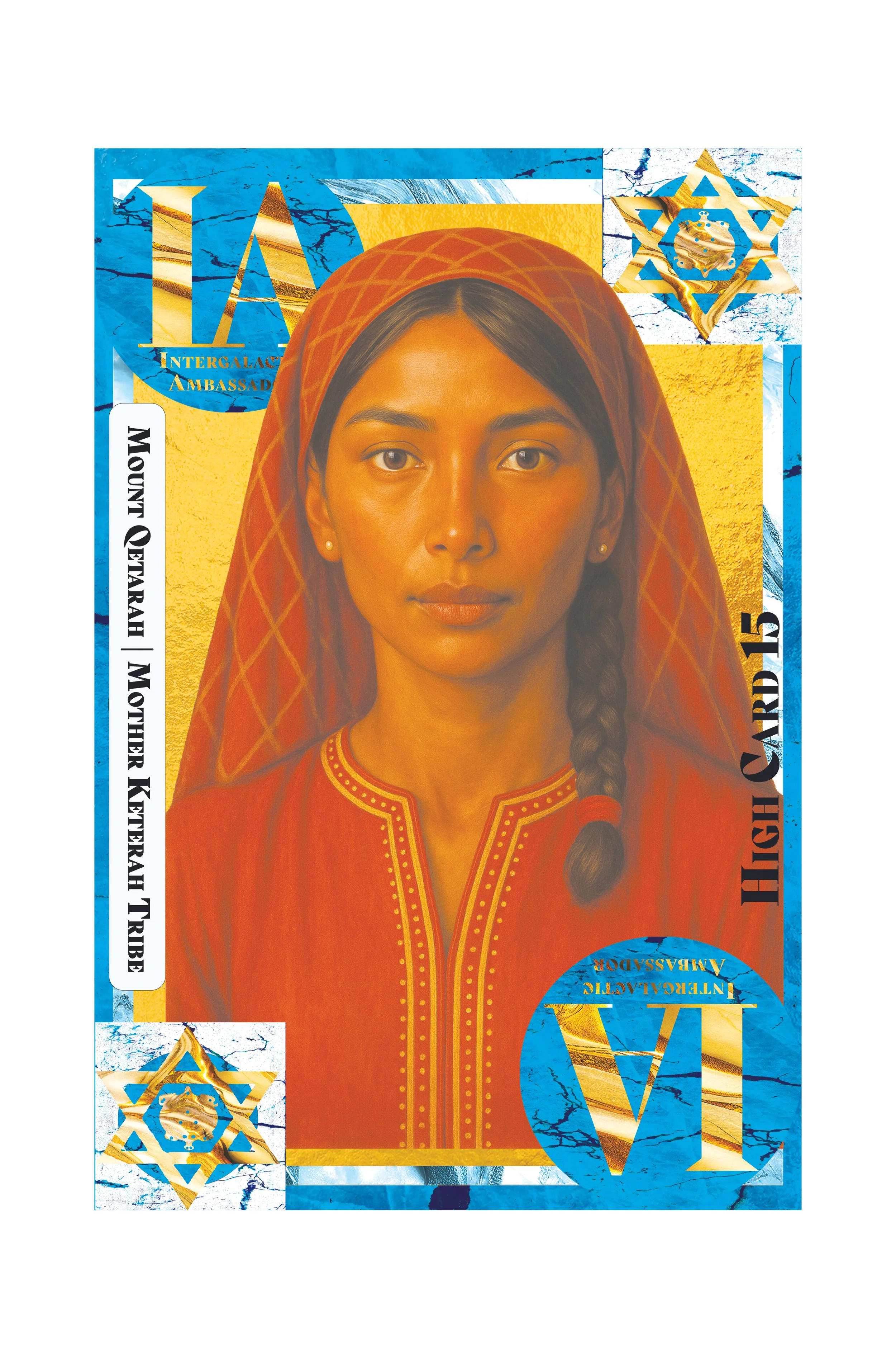 A woman with a braid wearing traditional attire, overlaid with graphic elements and text related to an intergalactic ambassador, with blue, yellow, and gold accents.