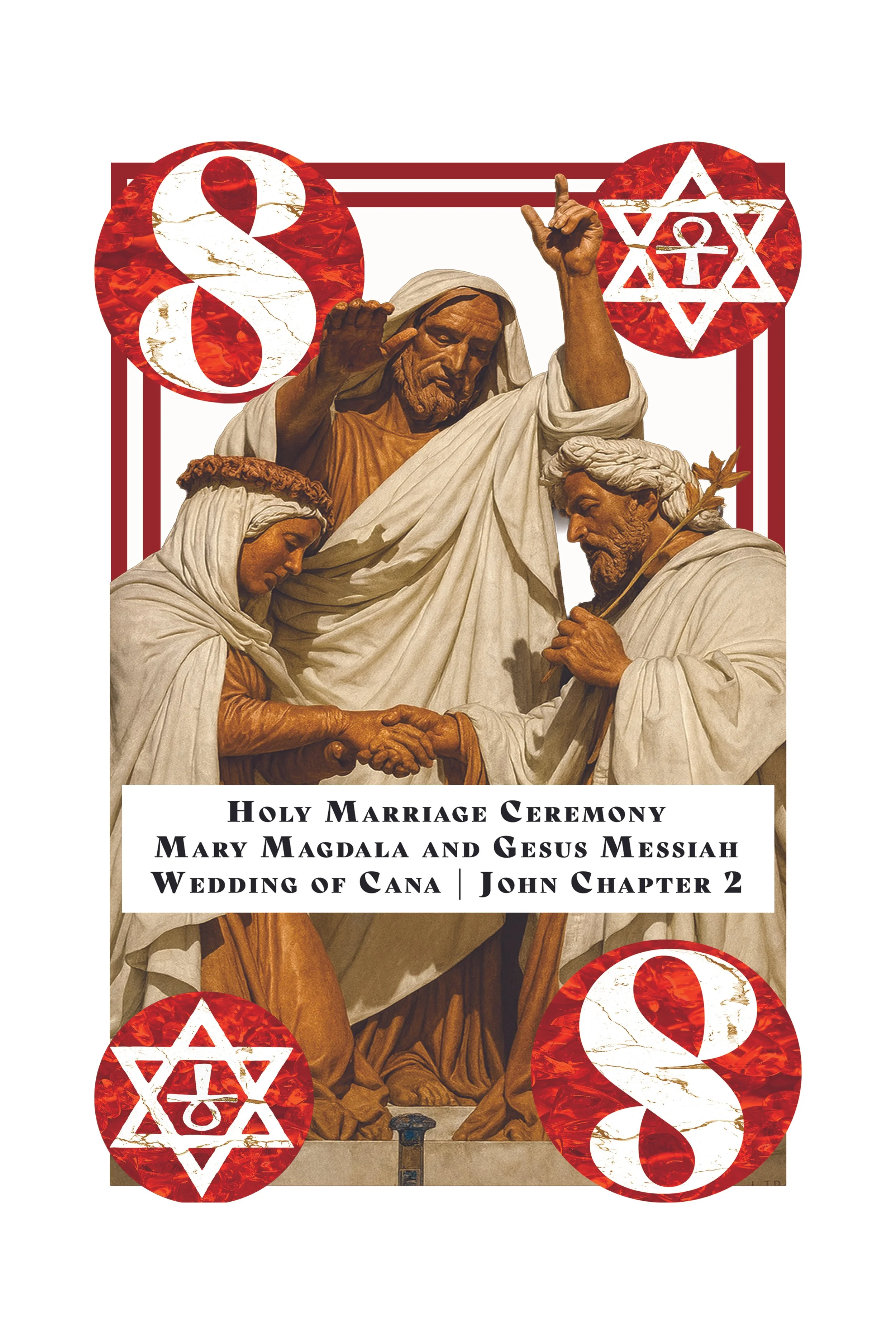 Religious artwork depicting the Holy Marriage Ceremony of Mary Magdalene and Jesus Christ, surrounded by red and white symbols including a star of David and the number 8.