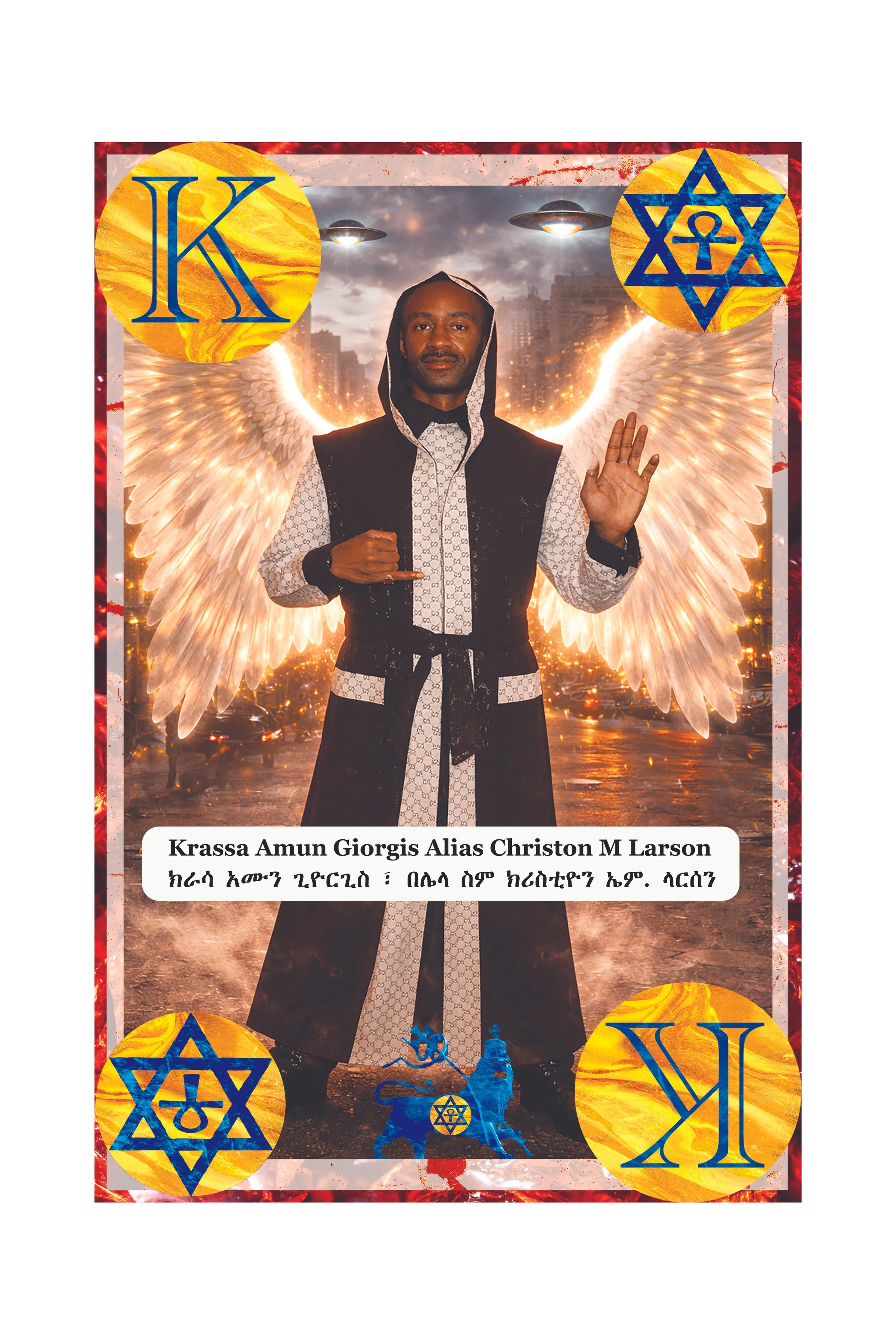 A man with angel wings wearing a black and white patterned outfit, standing in a city with UFOs and orange explosions in the background, making a gesture with his hand.