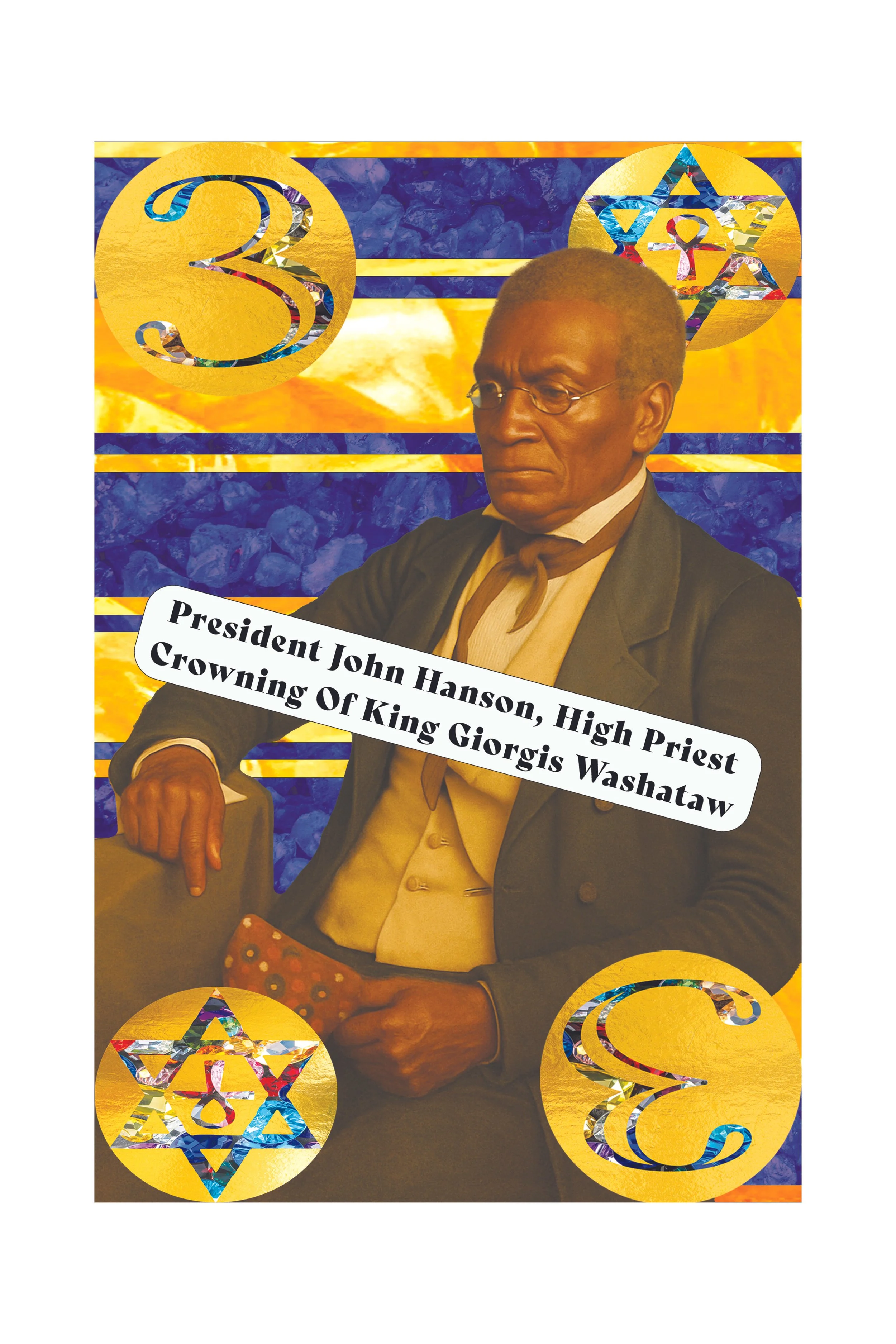 A historical portrait of President John Hanson, dressed in 18th-century clothing, seated with a serious expression, against a colorful background with religious and royal symbols.