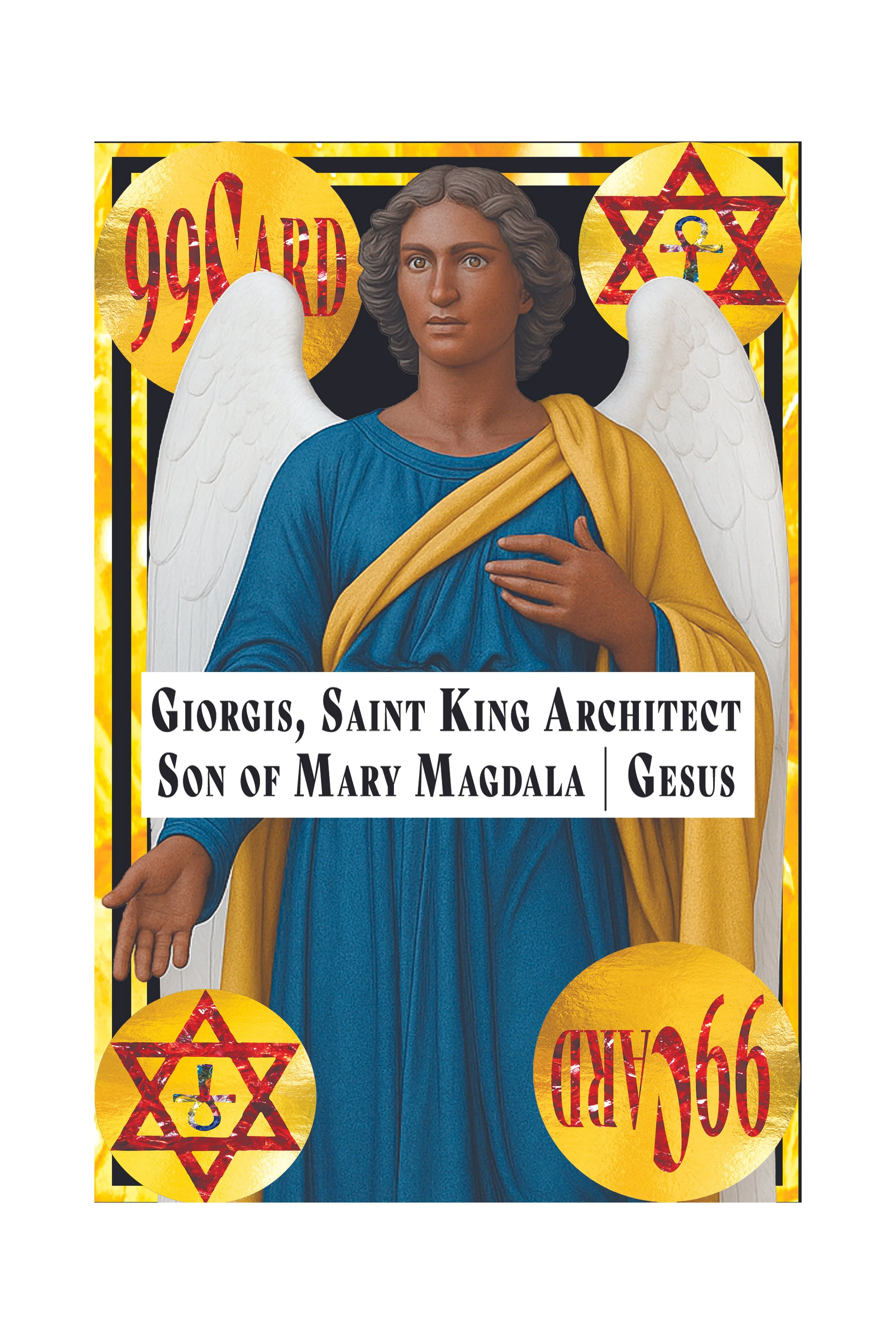 Religious icon of Saint Georgis with a blue robe and yellow cloak, white wings, and a serious expression, surrounded by gold and red symbols, with the text '99 Card' and 'Angel 66'.