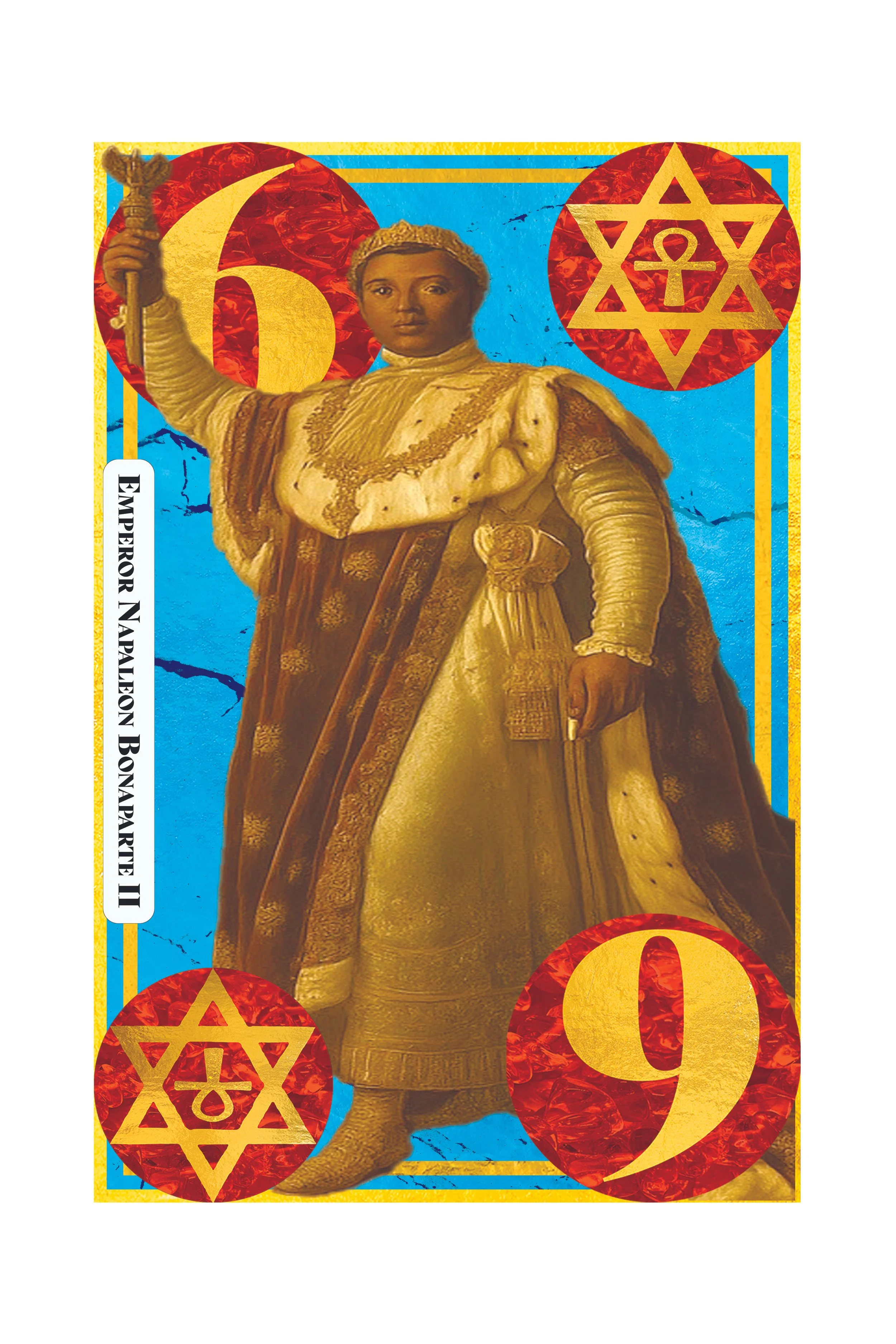 A vintage tarot card depicting a regal young person with a crown, holding a scepter, dressed in ornate robes, with symbols of the Star of David and Hat of Horus on the card.