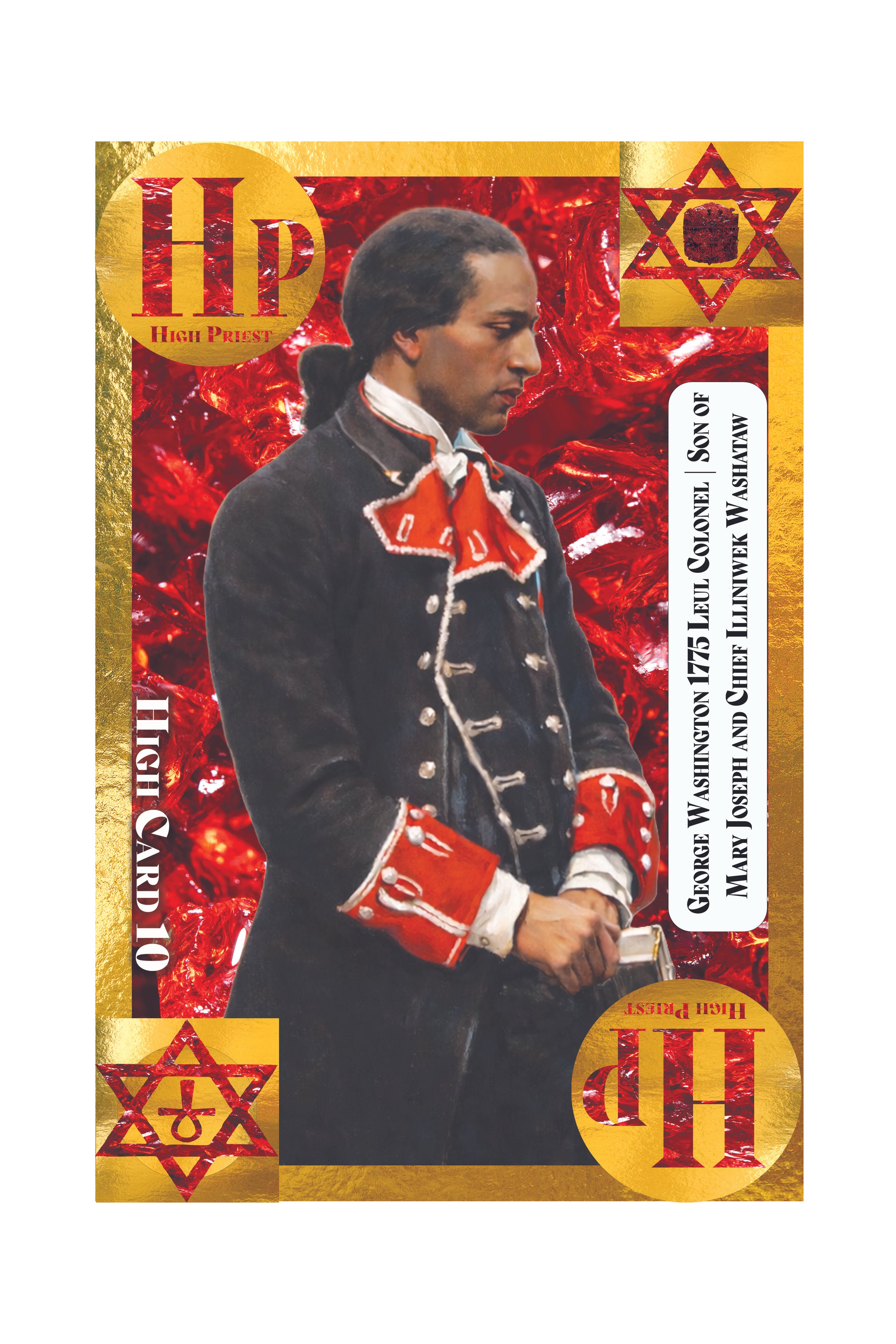 Stylized trading card featuring a man in historical military attire with a red and black color theme, religious symbols, and text related to historical figures.