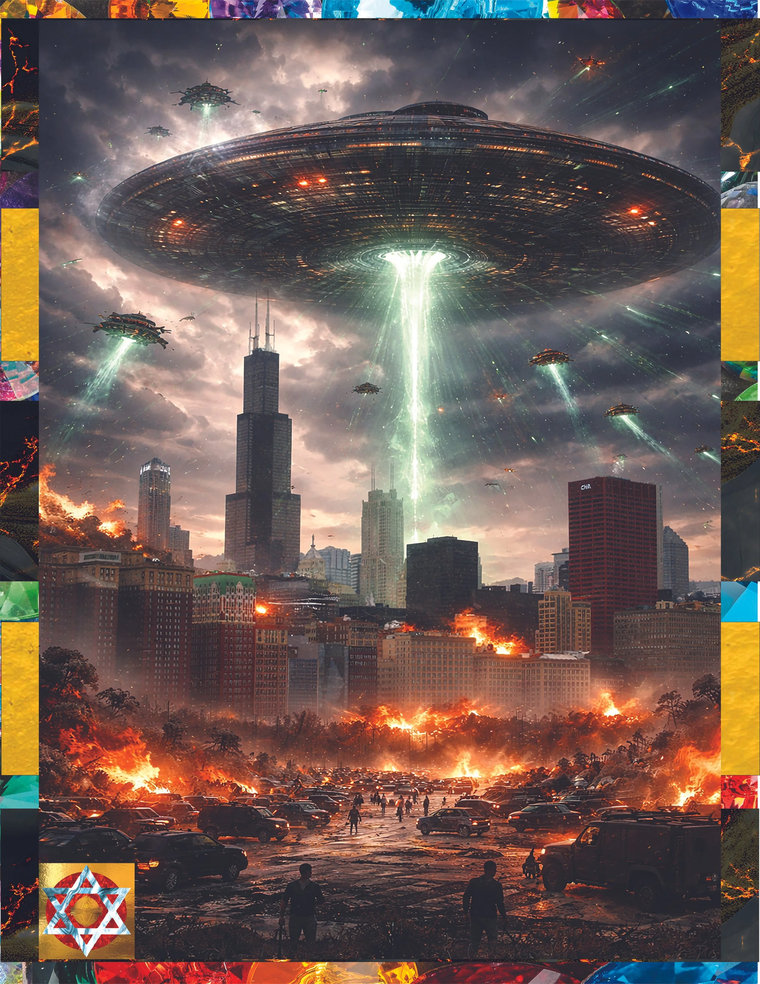 A science fiction scene of a city skyline with numerous high-rise buildings, some on fire, under a dark, stormy sky. In the sky, a large, futuristic, disc-shaped spaceship hovers with bright green beams emitting downward, causing destruction and fire