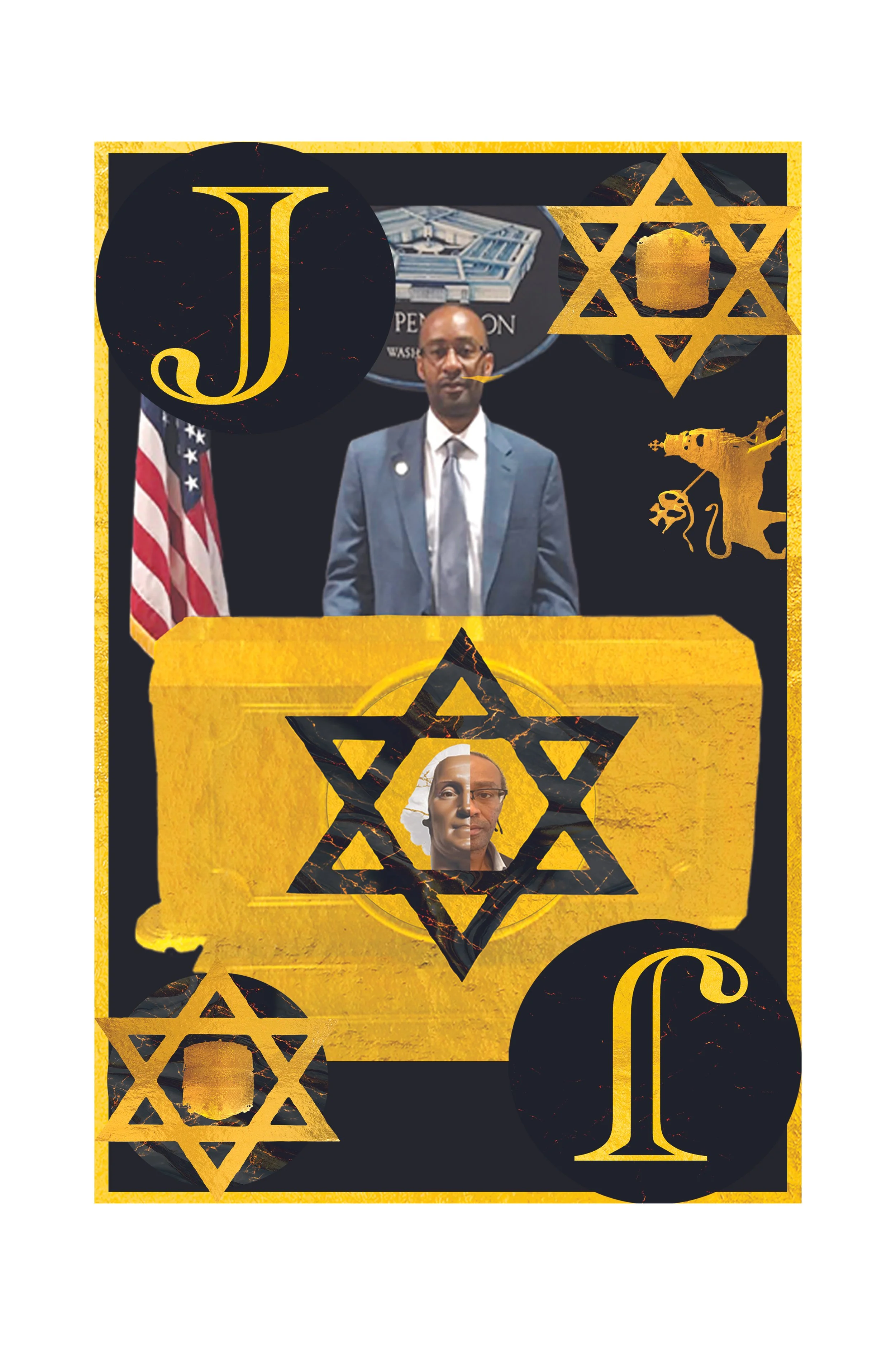 A collage with gold and black colors, featuring a man in a suit, various Star of David symbols, and other abstract designs.