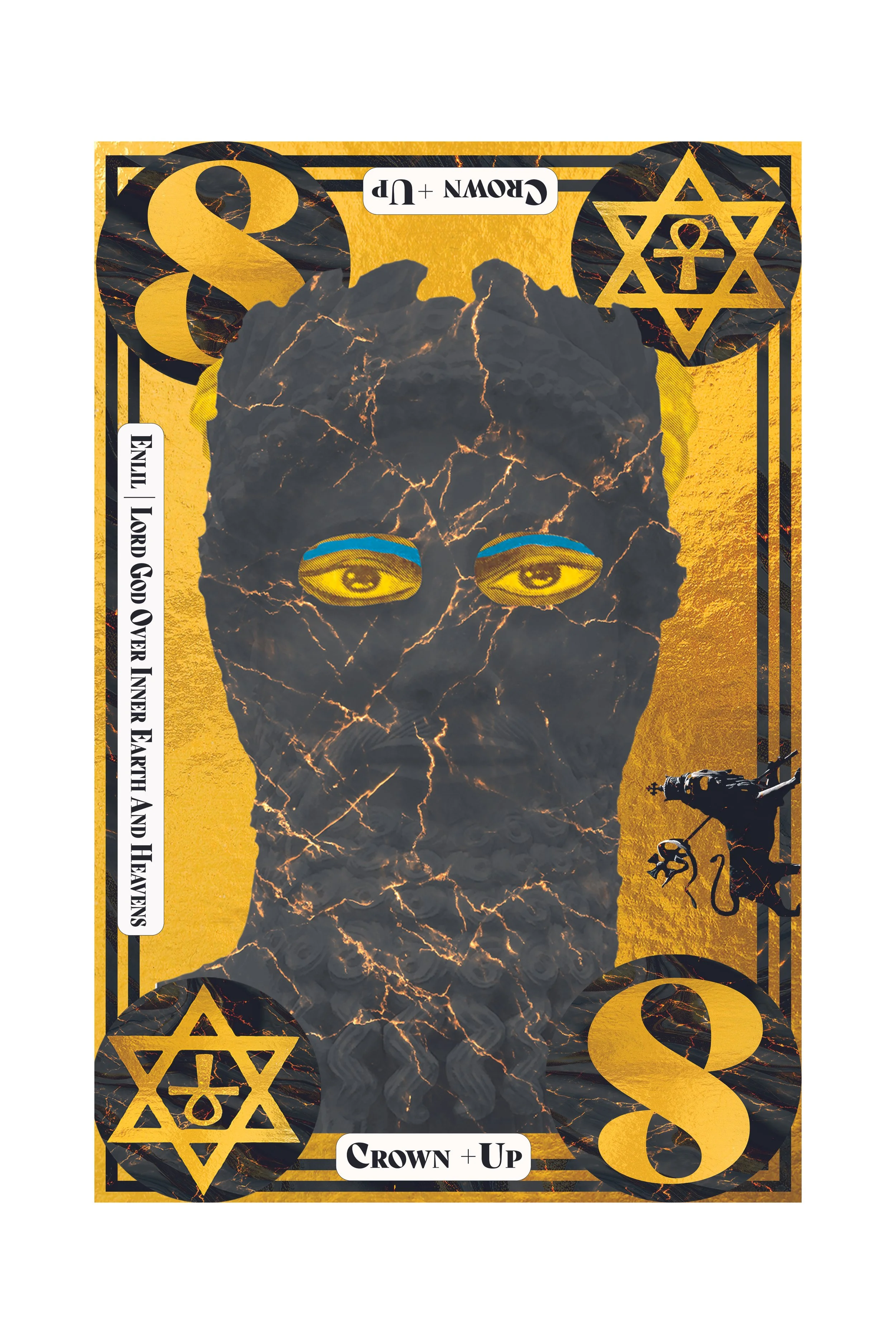 Decorative card with black marble face with orange lightning veins, yellow and black stars, yellow moon, and American flag eye design, featuring words 'CROWN + UP' and 'THE LORD GOD OVER THE EARTH AND HEAVENS'.