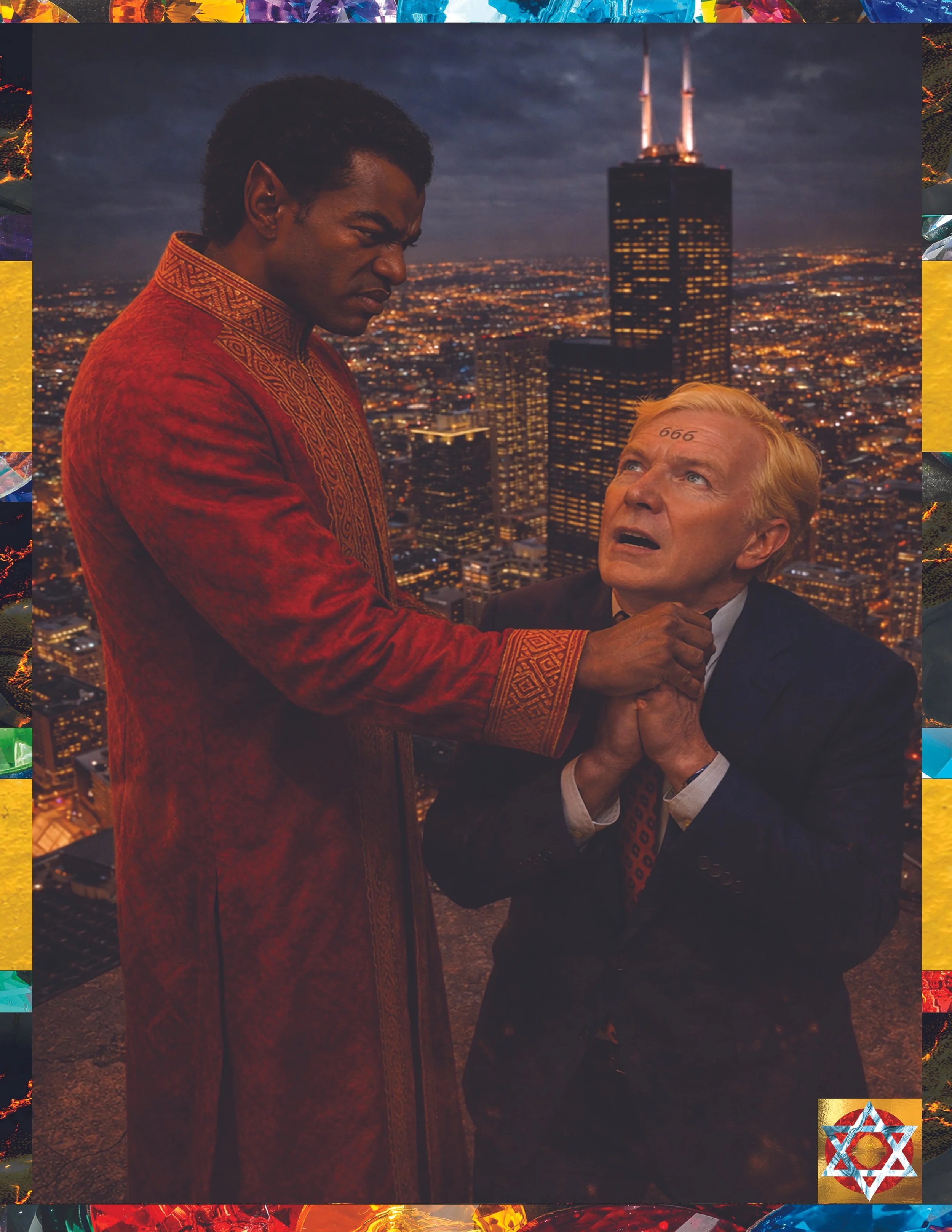A digitally created scene featuring two men, one with dark skin and curly hair dressed in an ornate red garment, and the other with light skin, blonde hair, and a tattoo of '666' on his forehead. They are holding hands with serious expressions agains