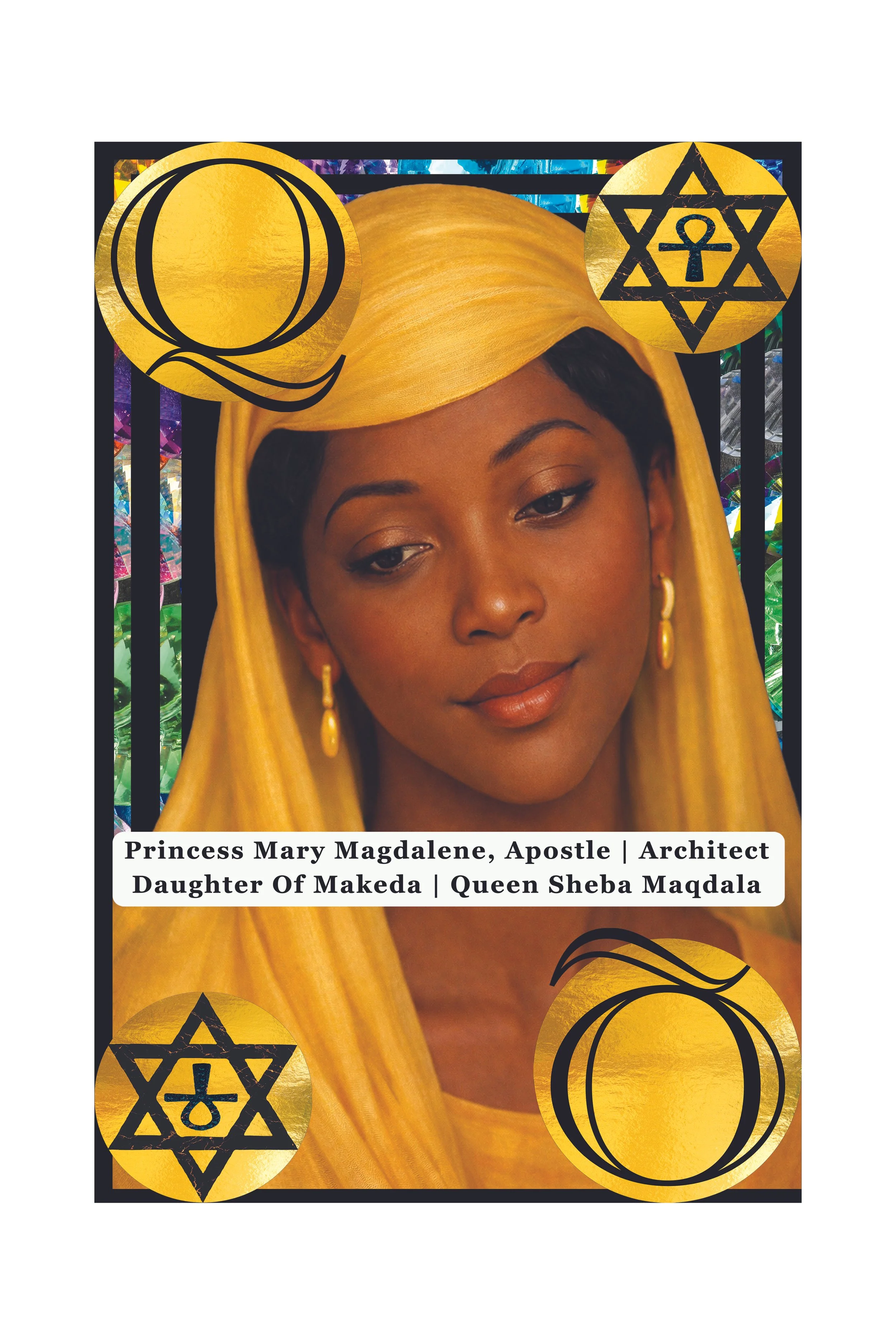Close-up of a woman with dark hair and warm brown skin, wearing a yellow head covering, gold earrings, and makeup, with religious symbols superimposed and text identifying her as Princess Mary Magdalene, Apostle, Daughter of Makedha, Queen Sheba Magd