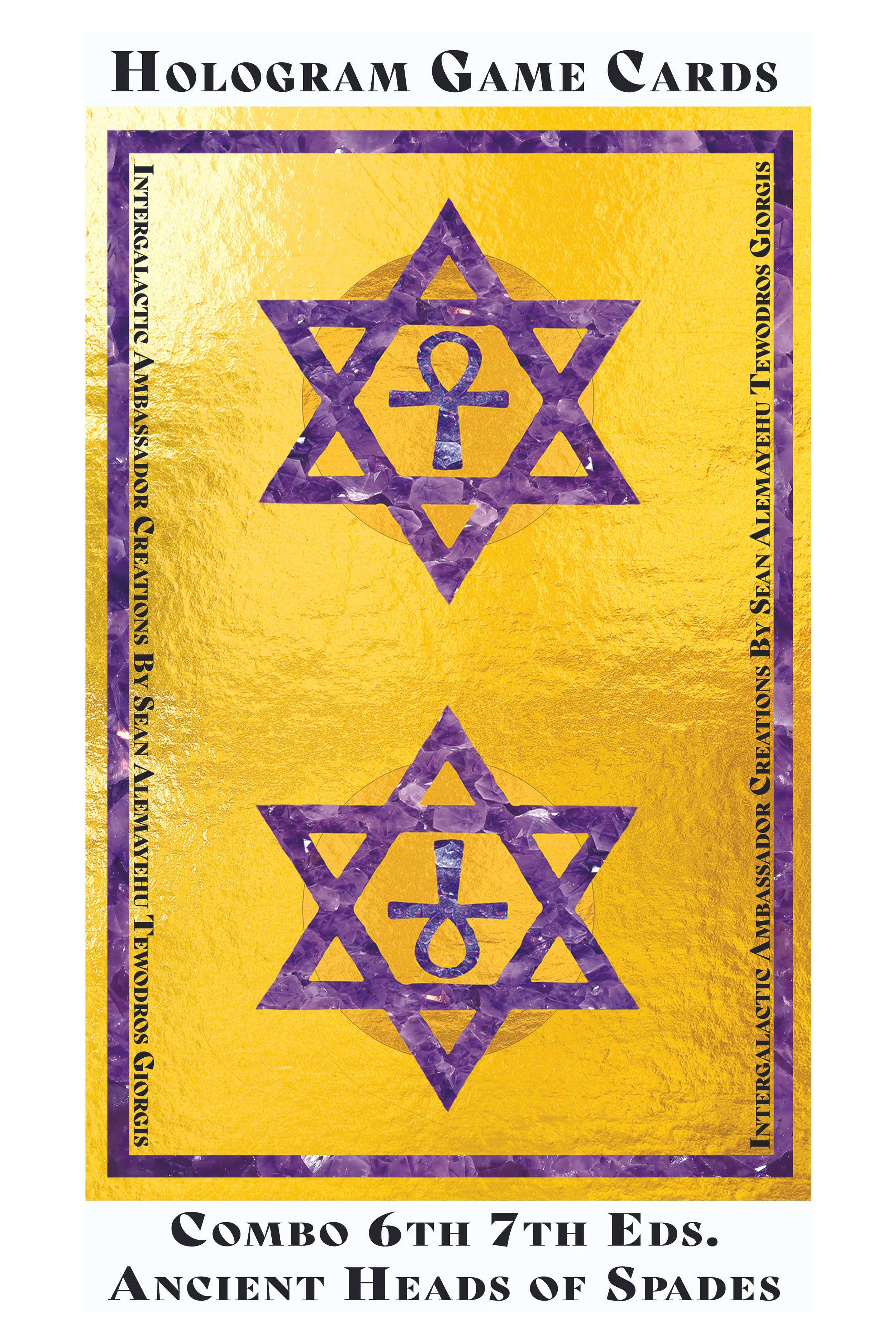 A package of hologram game cards with a yellow background and purple star-shaped designs containing an Egyptian ankh symbol, titled 'Hologram Game Cards,' used for a card game named 'Ancient Heads of Spades,' with series and combo information at the bottom.