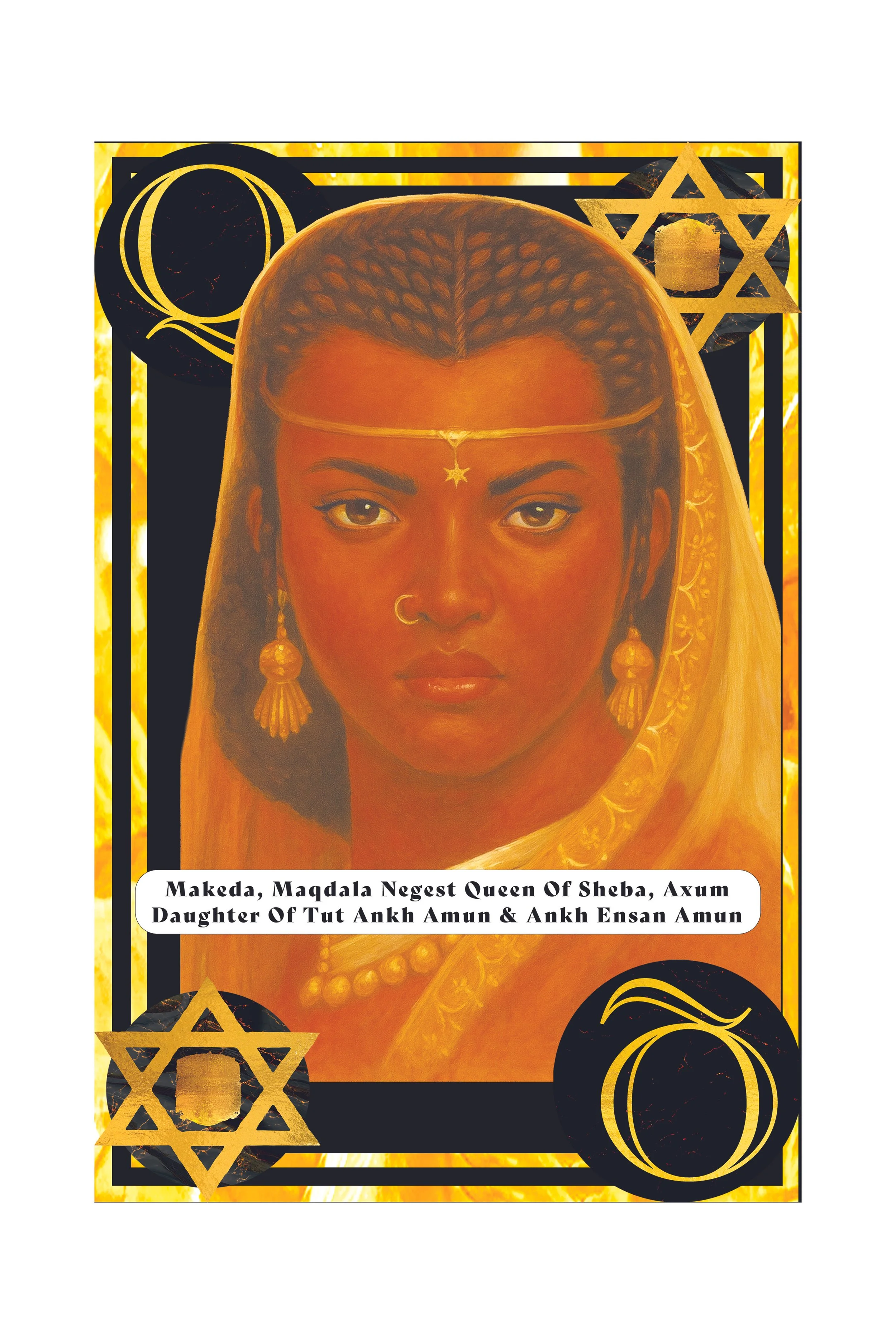 Portrait of a woman with dark skin, braided hair, adorned with jewelry and wearing a headscarf, set against a background with symbols including a crescent moon, Star of David, and Egyptian symbols.