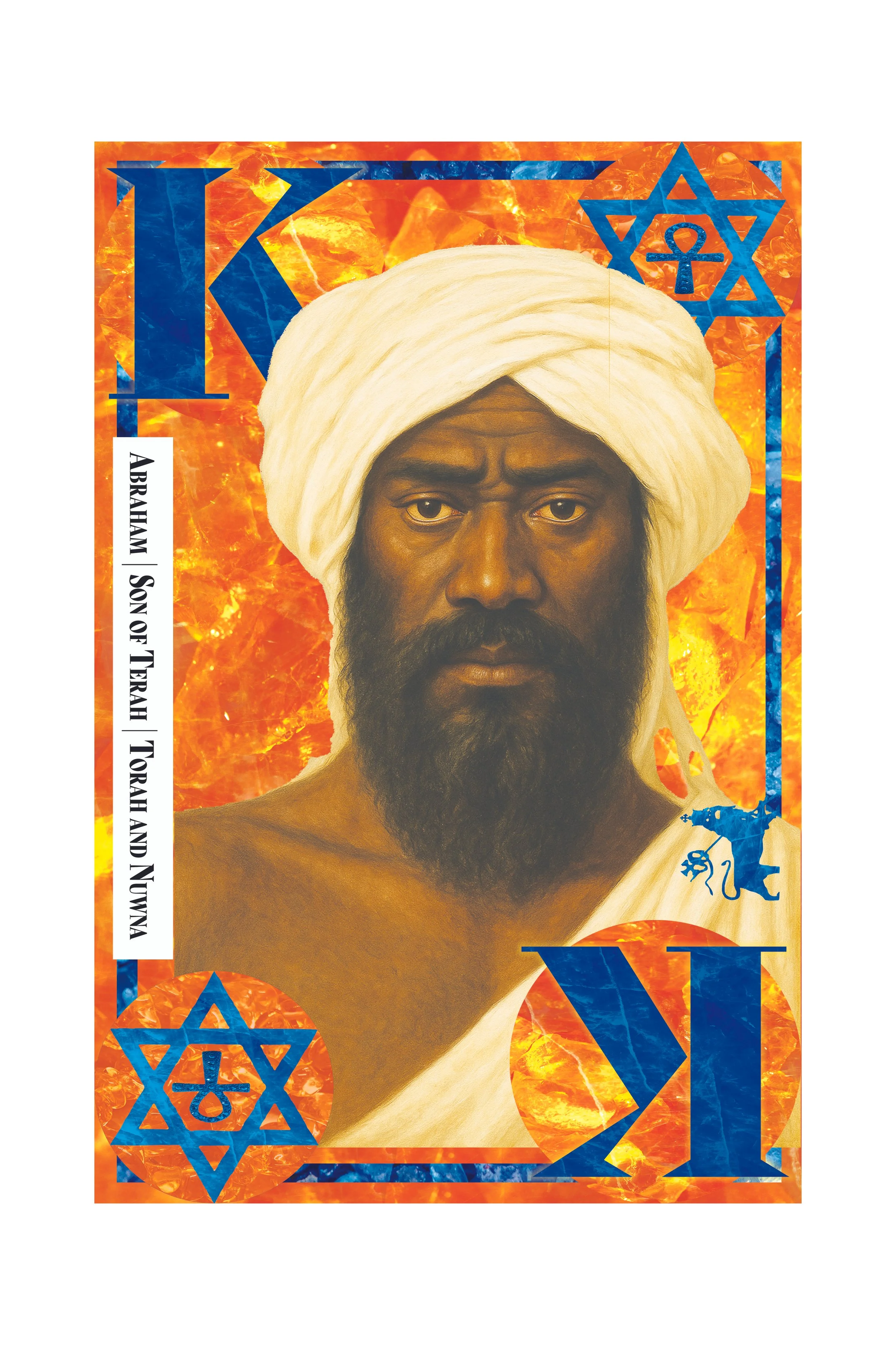 Portrait of a man with a dark complexion and a full beard, wearing a white turban, set against a fiery orange and red background with blue Star of David symbols and Hebrew text.