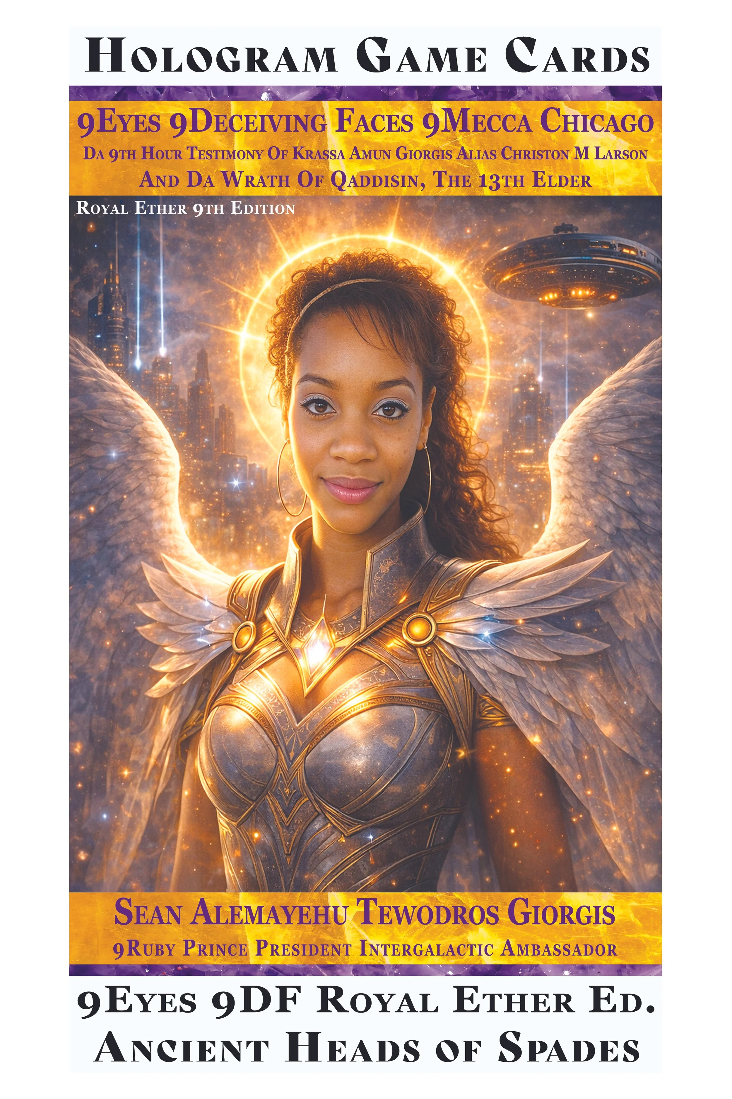 A person with angel wings and a glowing halo stands in front of a sci-fi cityscape with flying saucers. The image has text referencing hologram game cards, a fictional story, and a fictional character named Sean Alemayehu Tewodros Giorgis.