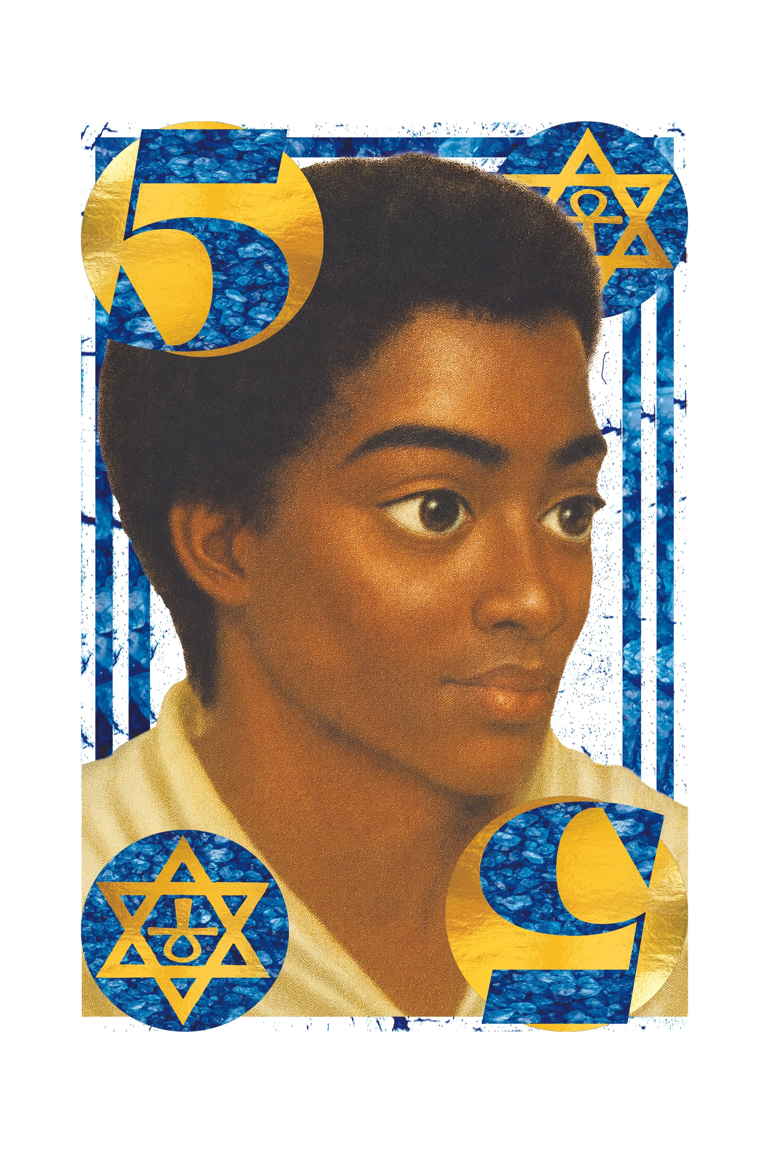 A close-up of a woman on a colorful banknote with gold and blue accents, featuring Hebrew symbols and Star of David motifs.