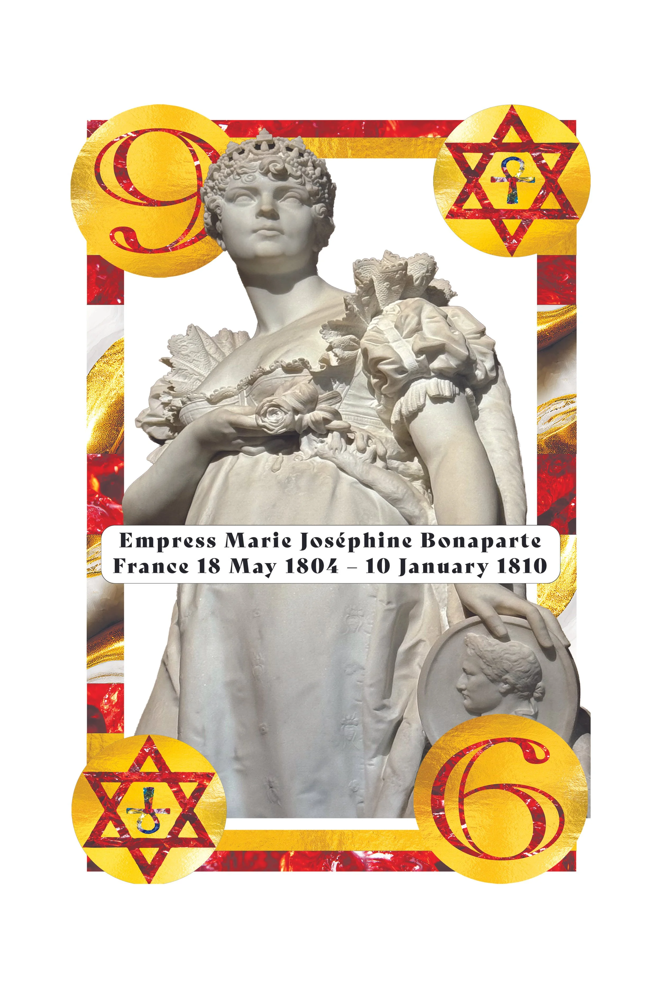 A poster featuring a white statue of Empress Marie Antoinette with a black and white label with her name and dates. The poster is decorated with gold and red circles containing numbers and the Star of David with a small Israeli flag in the middle.