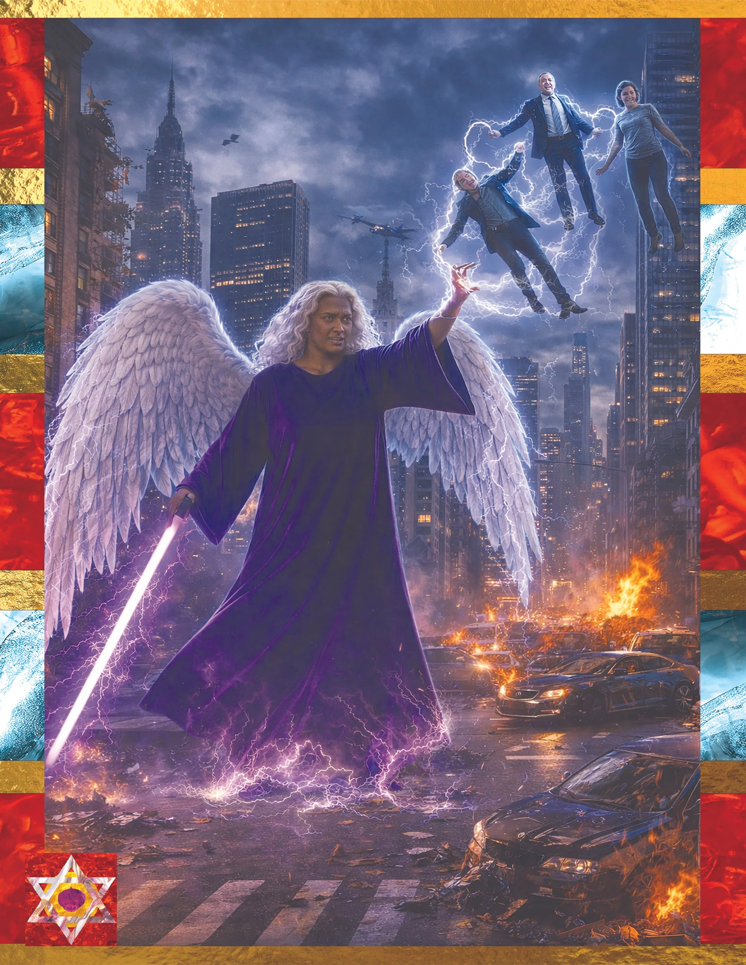 A fantasy scene of a woman with angel wings and white curly hair standing on a city street during a lightning storm, holding a glowing sword. Three people, dressed in business attire, are floating above her surrounded by lightning. The street below i